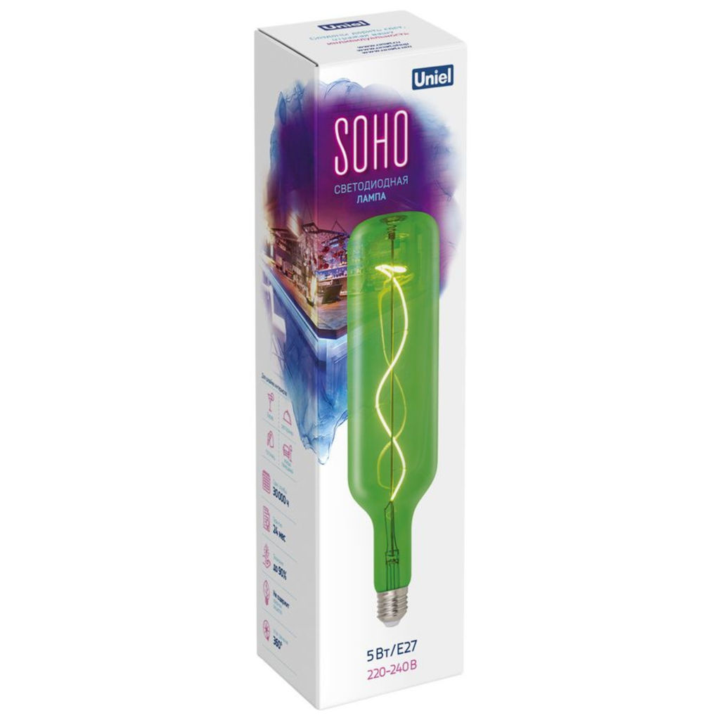 LED-SF21-5W/SOHO/E27/CW GREEN GLS77GR Лампа светодиодная SOHO. Зелёная колба. Спиральный филамент. Картон. ТМ Uniel