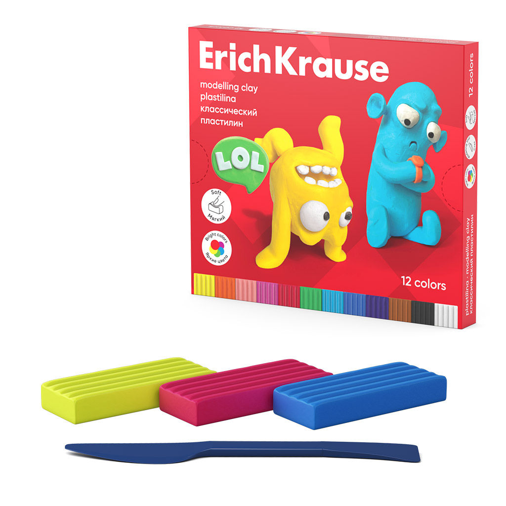 Цена за 1 шт. Пластилин классический ErichKrause Jolly Friends 12 цветов со стеком, 216 г (в коробке 12 шт)  фото 3