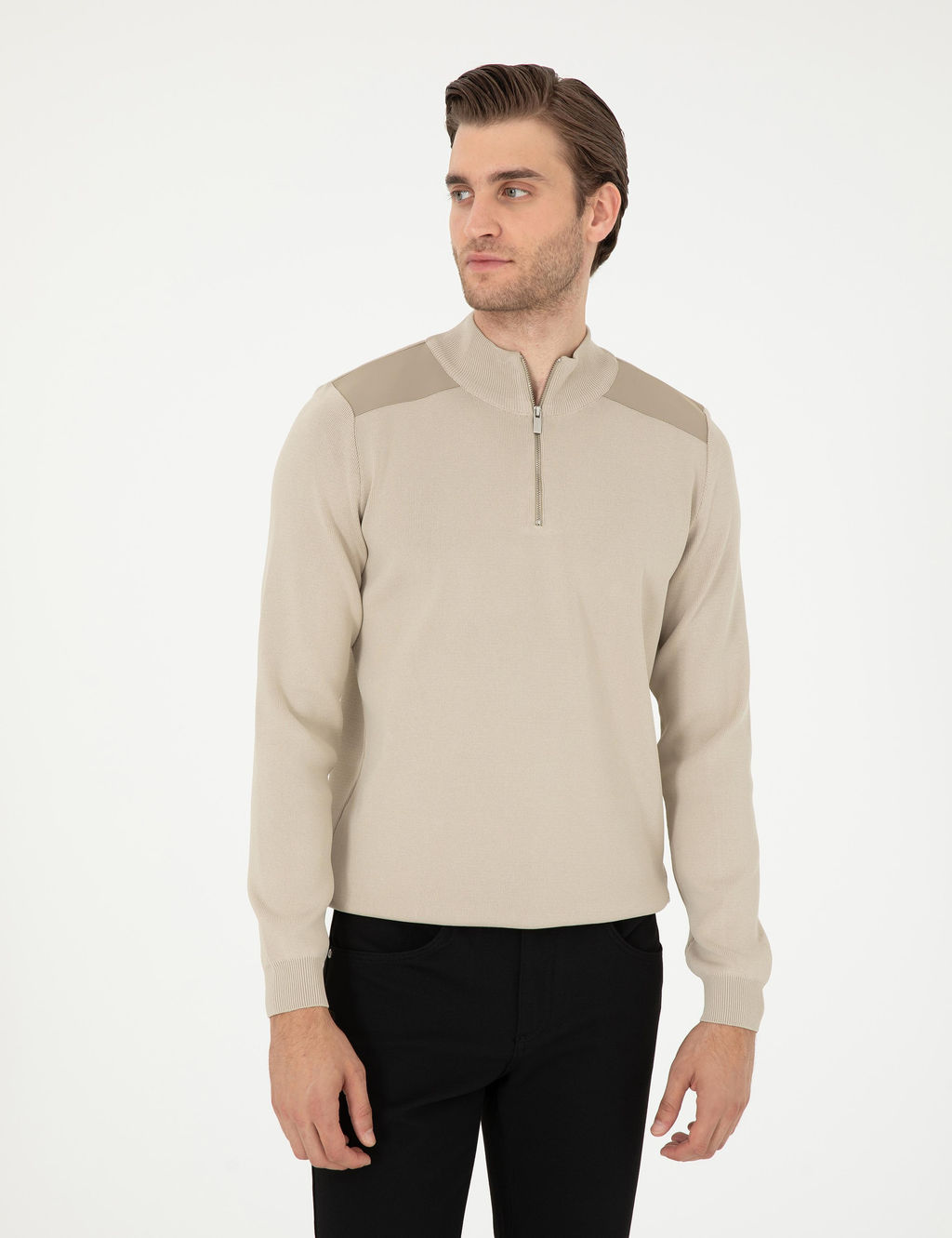 Bej Regular Fit Fermuarl_ Dik Yaka Triko Kazak - Pierre cardin фото 3