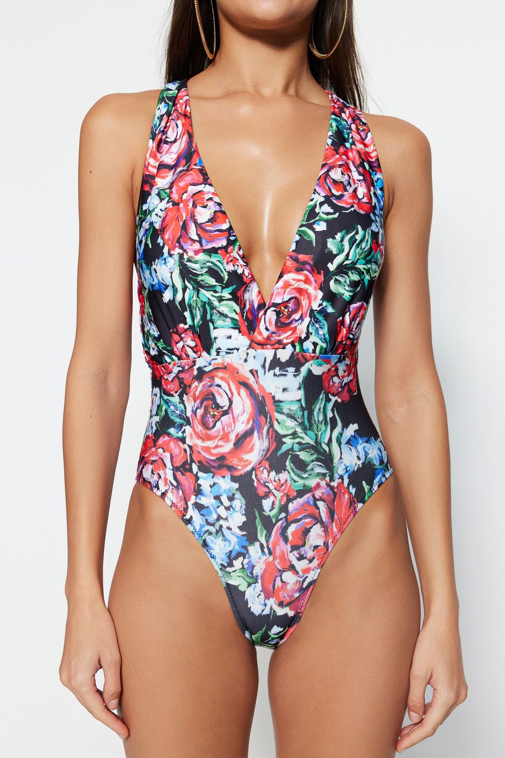 Cicek Desenli Derin Dekolteli S?rt Dekolteli High Leg Mayo TBESS23MA00316