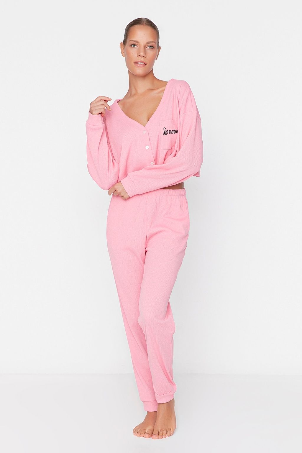 Trendyolmilla Pembe Fitilli Pamuklu Nak?sl? Orme Pijama Tak?m? THMAW22PT0511 фото 12