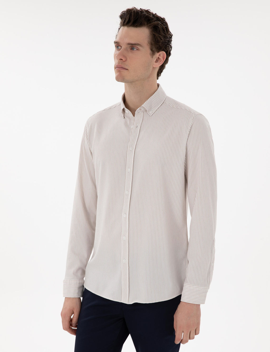 Bej Slim Fit _izgili Uzun Kollu G_mlek