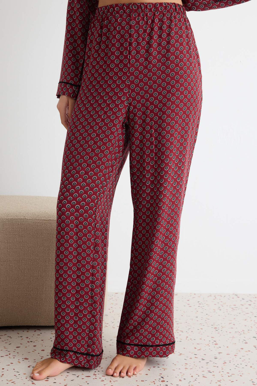 Bordo _i_ekli Biye Detayl_ Dokuma Pijama Tak_m_ THMAW27PT00047