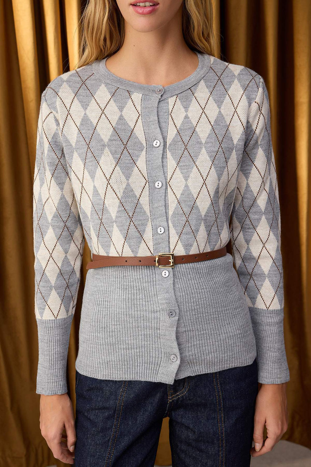 Gri Baklava Desenli Kemerli Triko H?rka TWOAW26HI00150 - Trendyolmilla фото 3