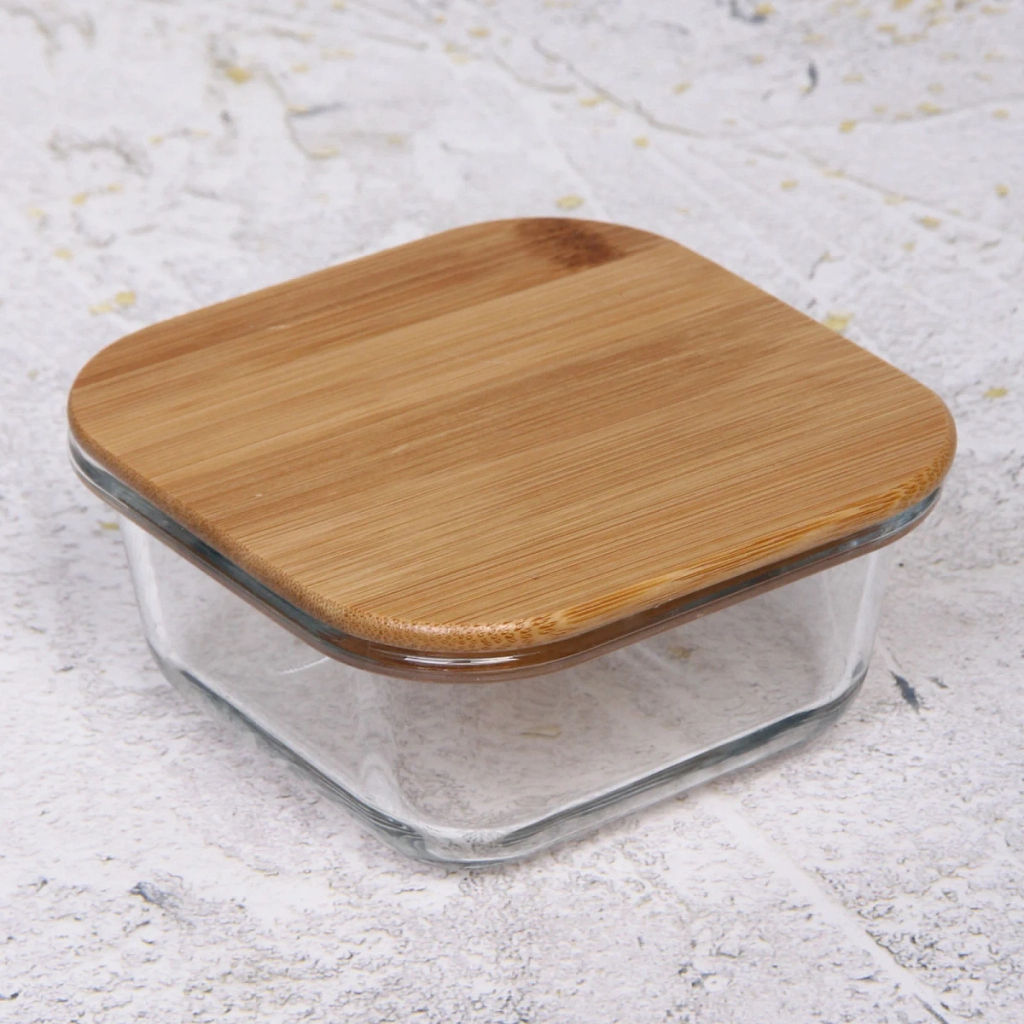 Контейнер стеклянный 300мл "Хай-Тек" квадратный с бамбуковой крышкой