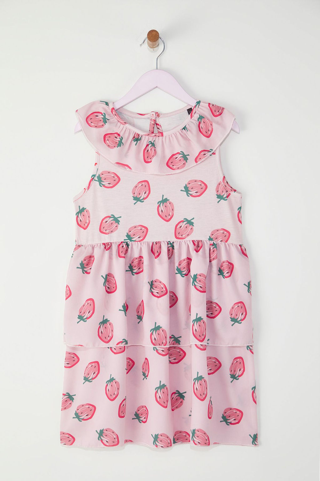 Pembe K?z Cocuk Cilek Desenli K?sa Kol Mini Bayraml?k Orme Elbise TKDSS25EL00066