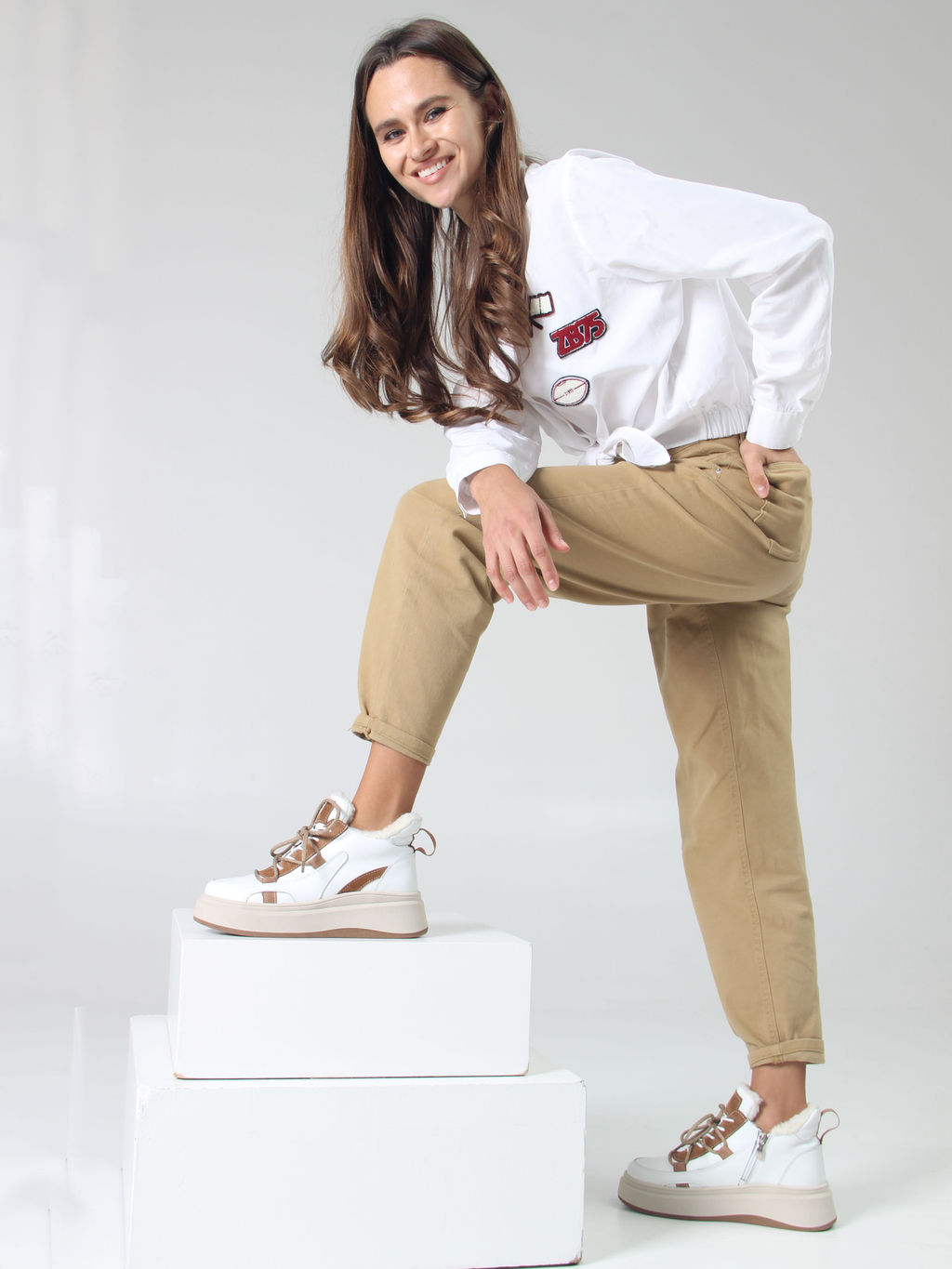 Ботинки 229.windybe. белый коричневый/Шерсть