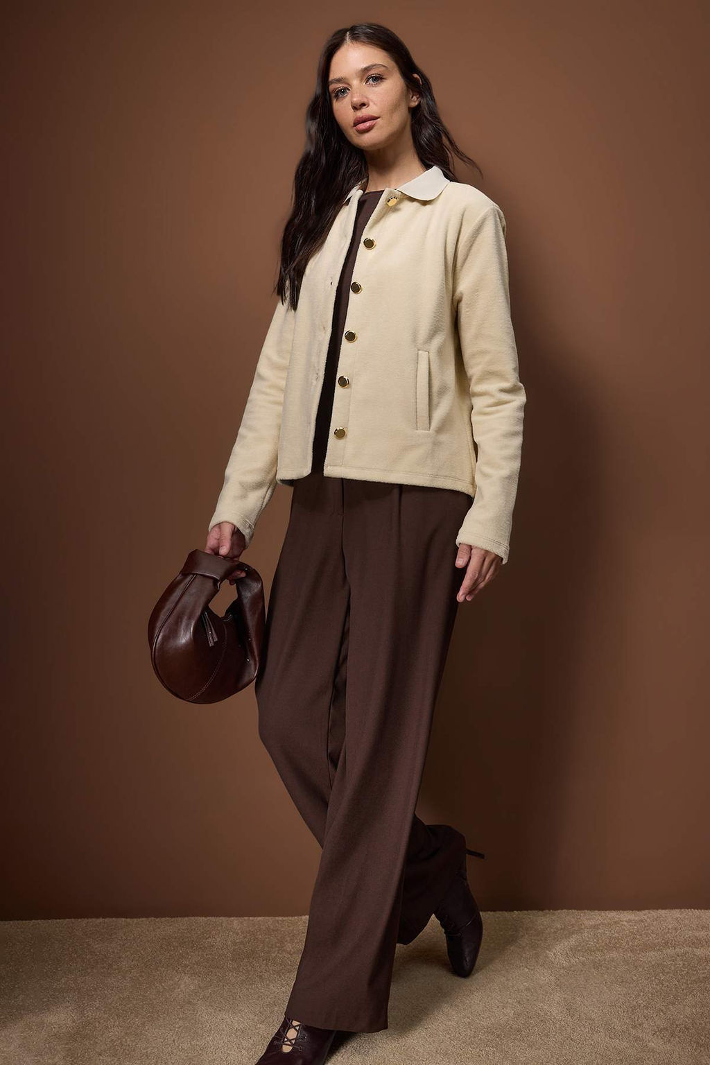 Ekru Triko Yaka Detayl? Cepli Kal?n Ici Polarl? Orme Sweatshirt TWOAW26SW00243