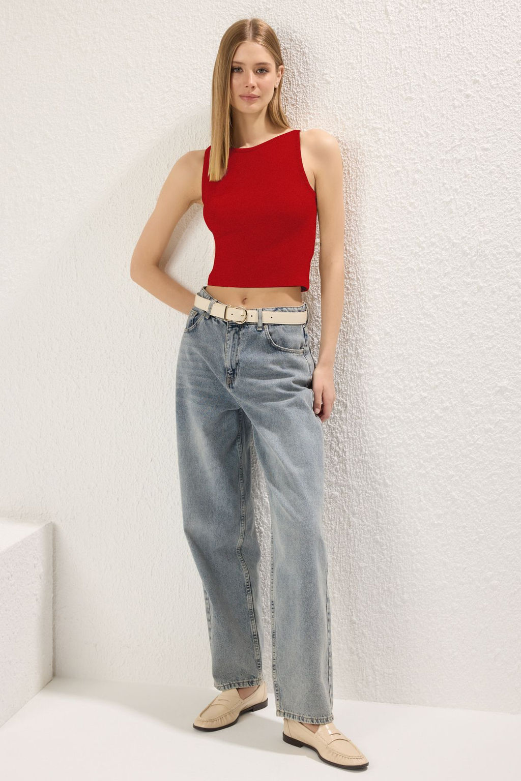 K?rm?z? Ask?l? Fitted/Vucuda Oturan Esnek Orme Bluz TWOSS24BZ00535