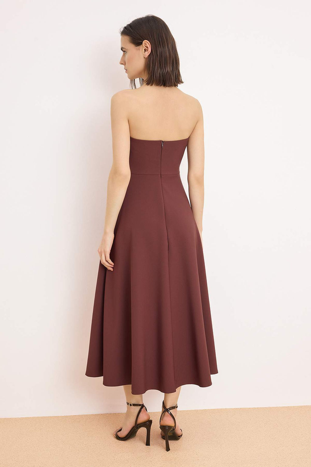 Kahverengi Duz Etegi Belden Ac?lan Dokuma Finike Maxi Astars?z S?k/Gece Elbise