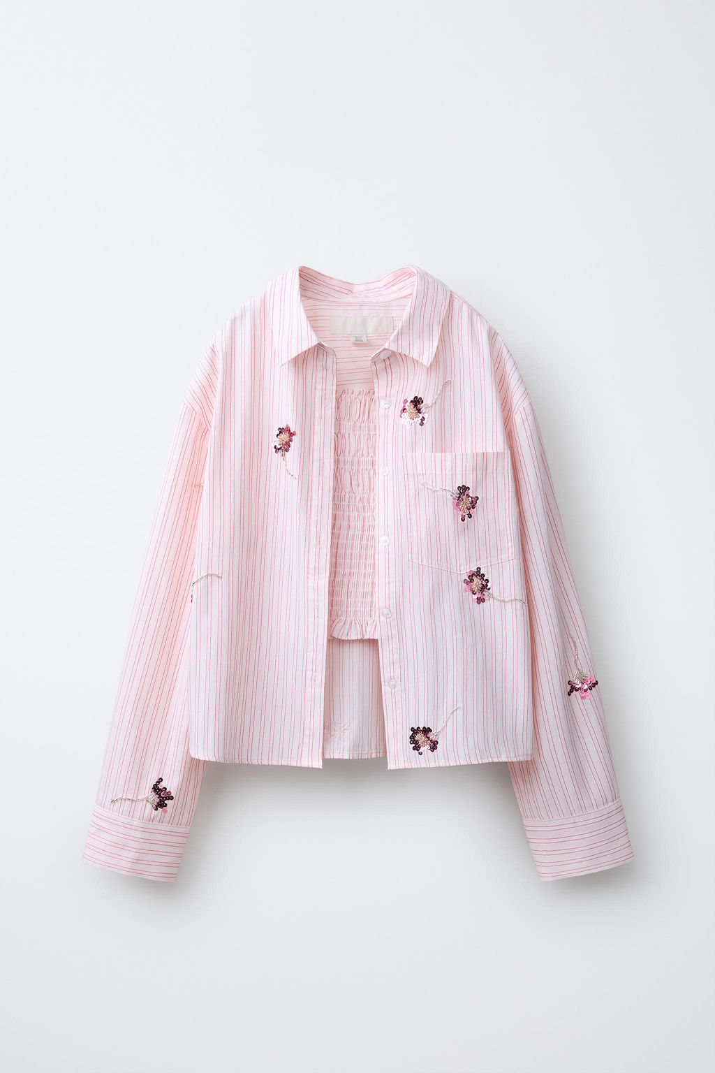 CAMISA Y TOP RAYAS FLORES LENTEJUELAS / Rosa pastel - Zara фото 7