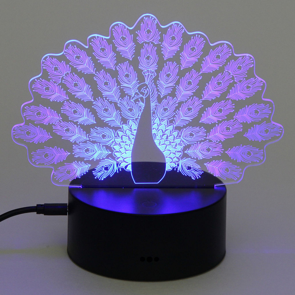 Цена за 2 шт. Светильник ночник "3D-Павлин" на пластиковой подставке, с включателем USB