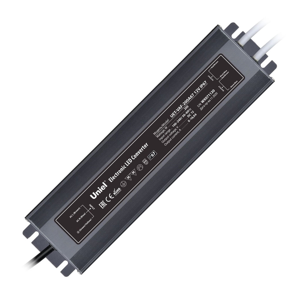 UET-VAF-200A67 12V IP67 2 выхода Блок питания ультратонкий, 200Вт. Металлический корпус. TM Uniel