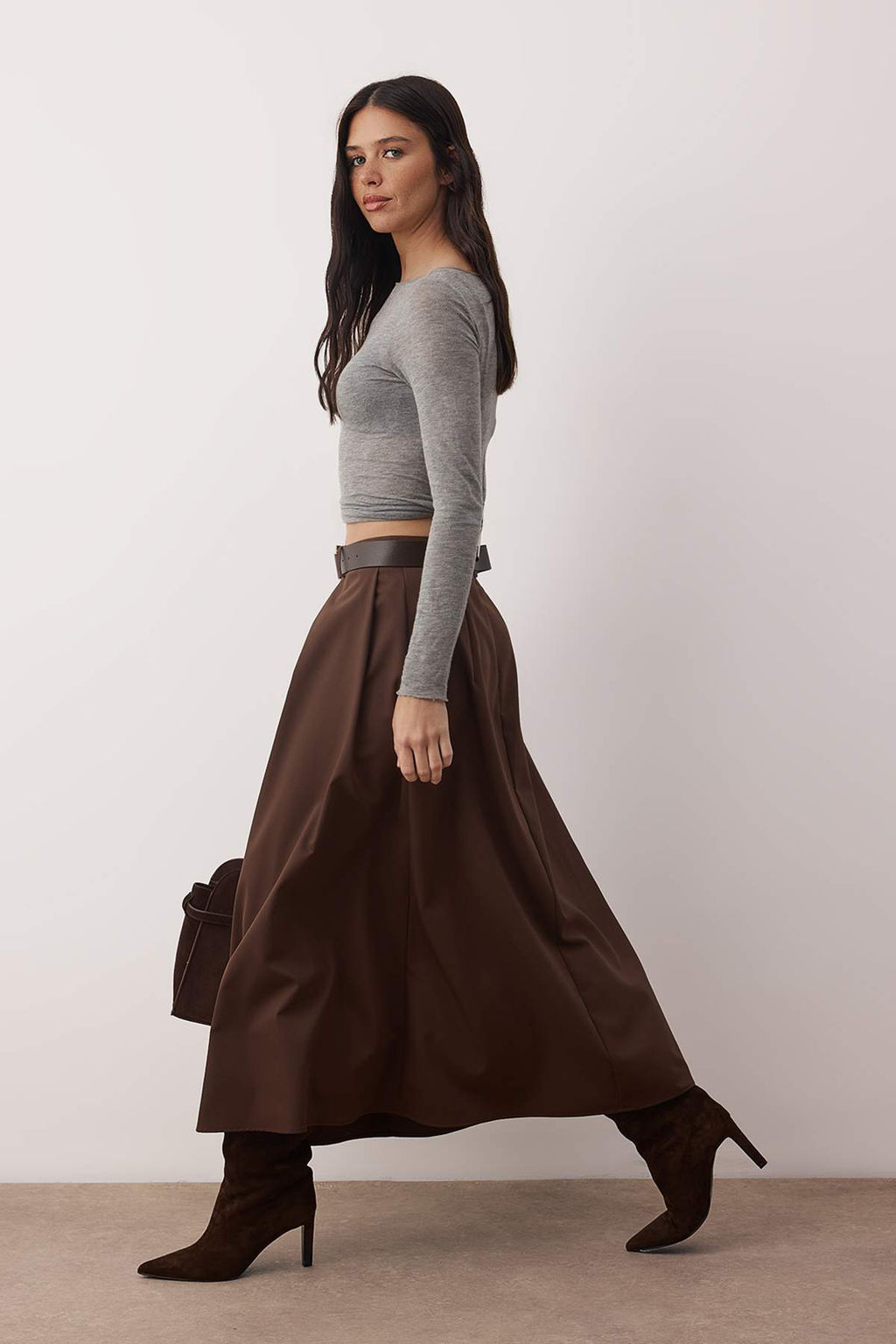 Koyu Kahverengi Kemerli Can/A-Line Dokuma Uzun Maxi Etek TWOAW26ET00168 - Trendyolmilla фото 2