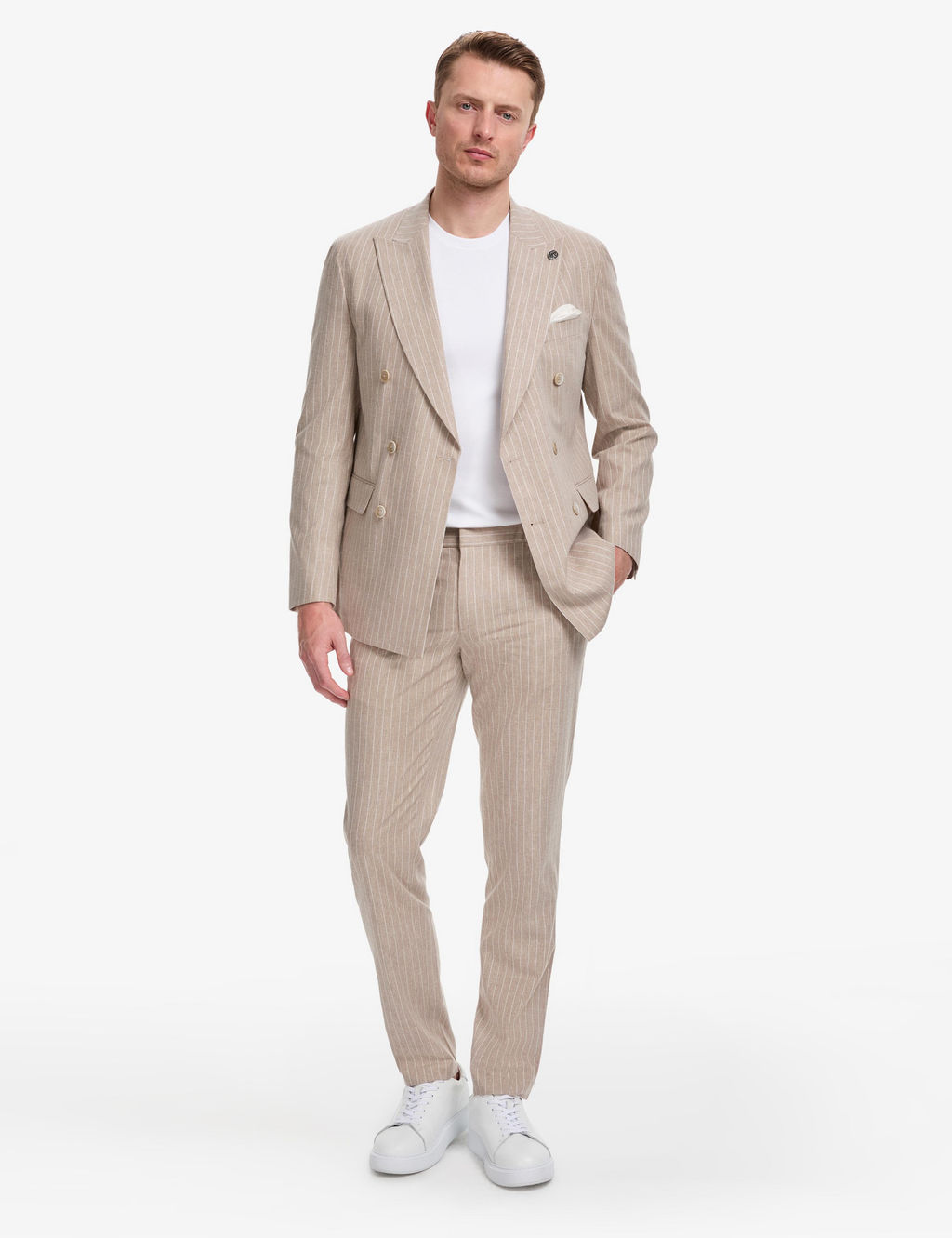 A__k Kahverengi Ex. Slim Fit Keten Kar___ml_ _izgili Kruvaze Tak_m Elbise
