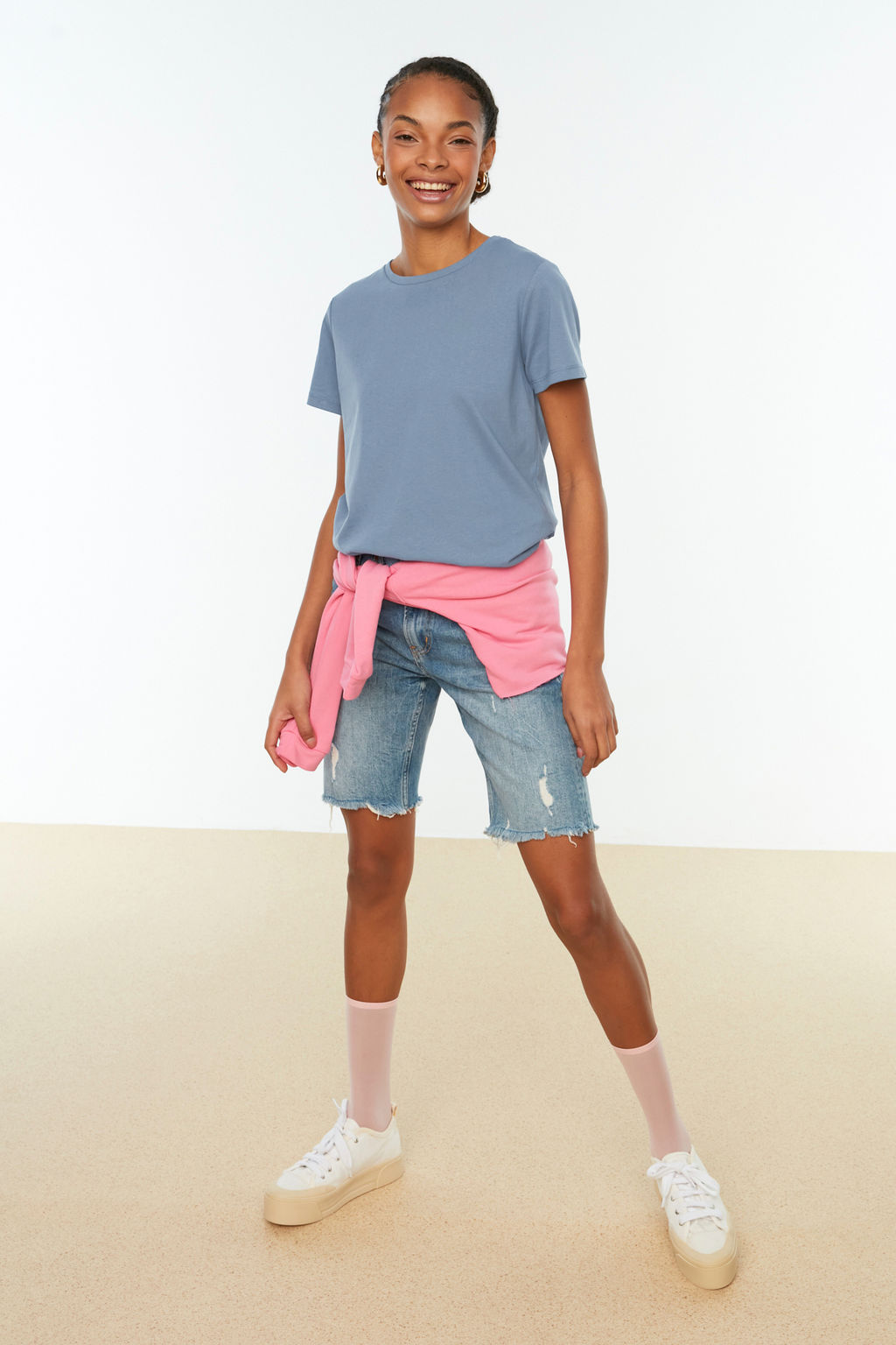 Indigo-Pembe %100 Pamuk 2li Paket Basic Bisiklet Yaka Orme T-Shirt TWOSS20TS0141