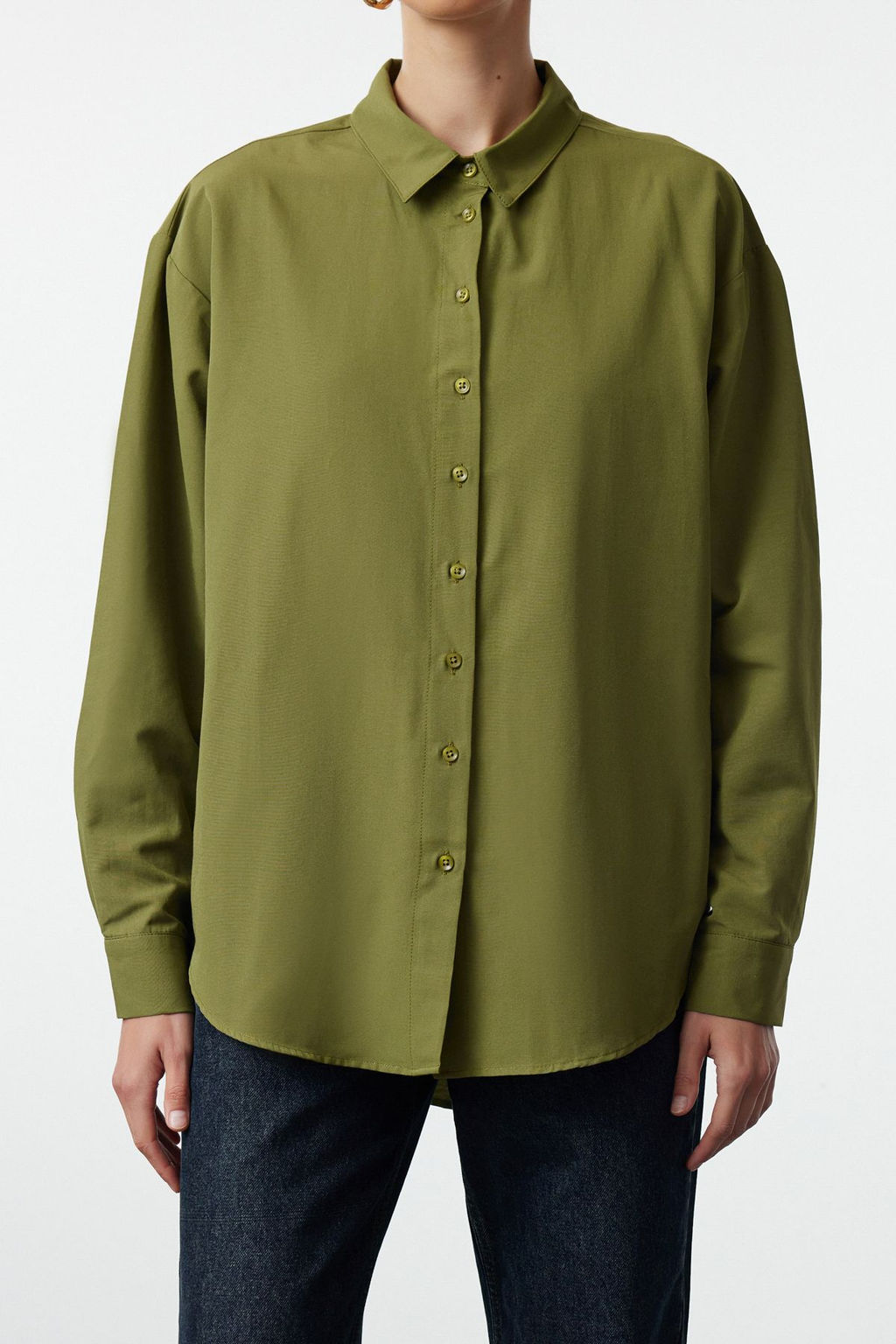 Koyu Haki Loose Fit Pamuklu Dokuma Gomlek TWOAW20GO0107