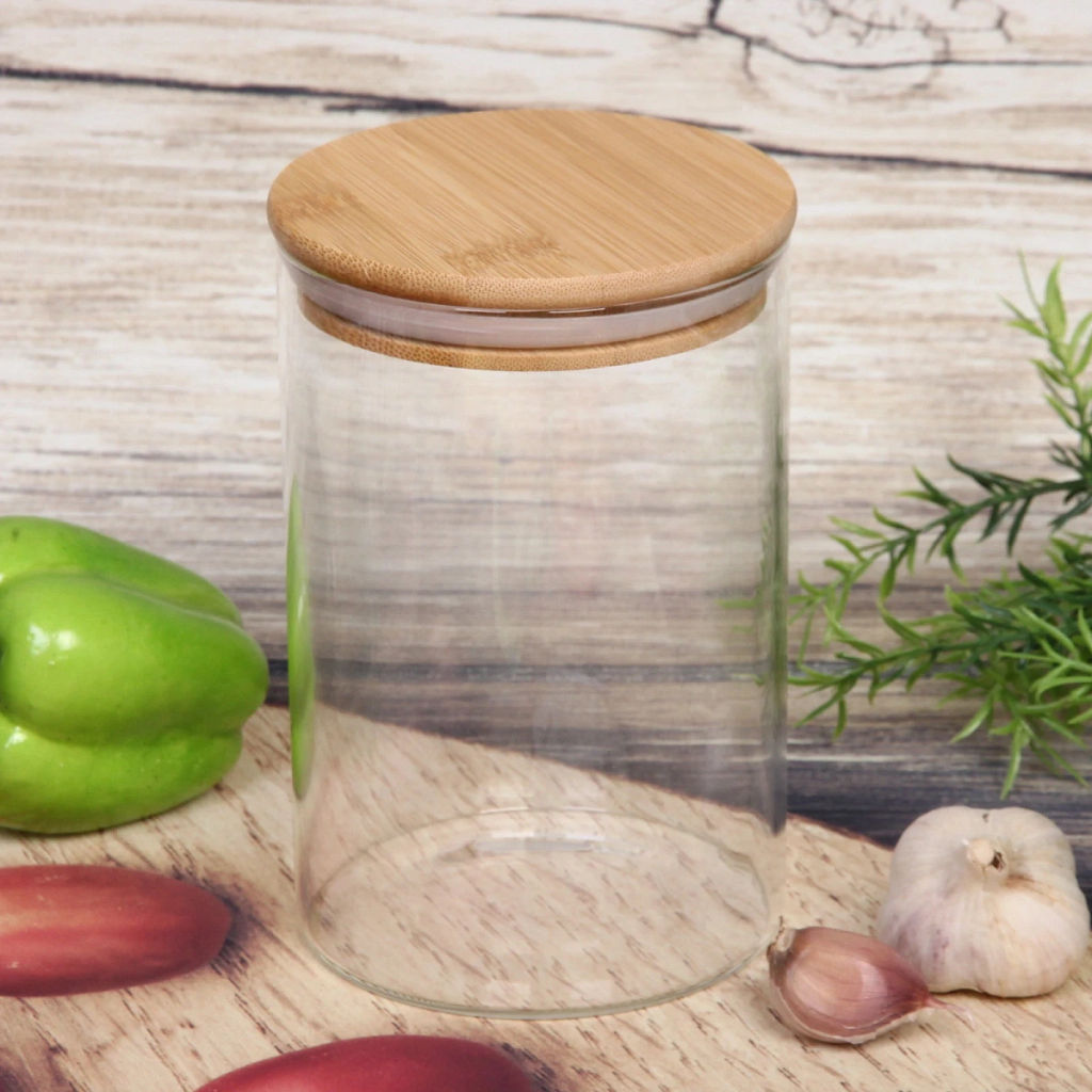 Цена за 2 шт. Банка для продуктов стеклянная 900мл "Хай-Тек" с бамбуковой крышкой 10*15см