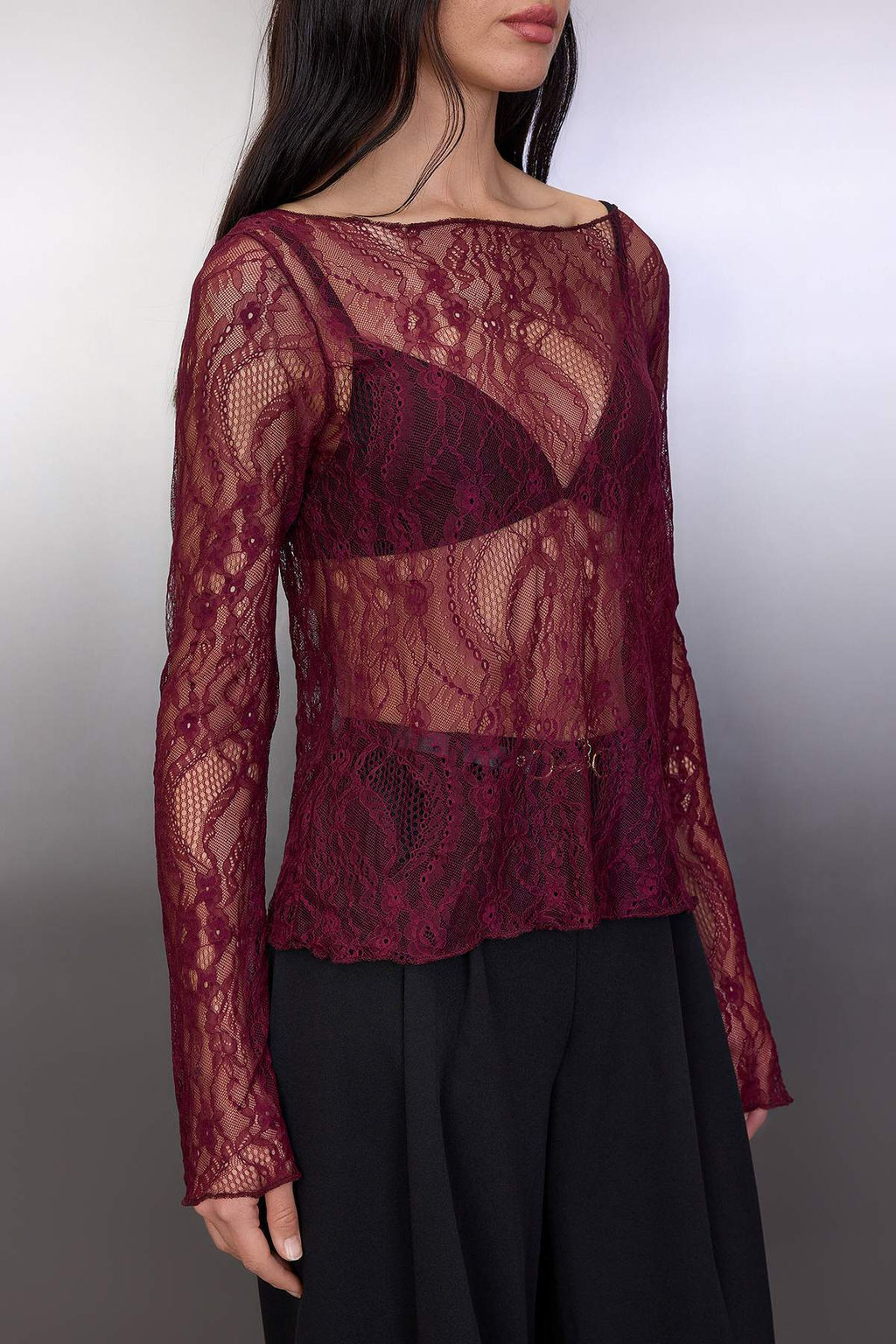 Koyu Bordo Regular Fit Kay?k Yaka Dantel Esnek Orme Bluz TWOSS23BZ00795