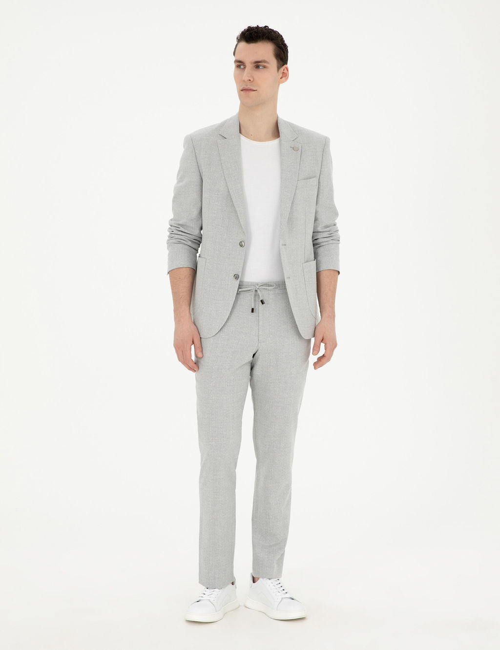 Gri Slim Fit Keten Kar___ml_ _izgili Tak_m Elbise