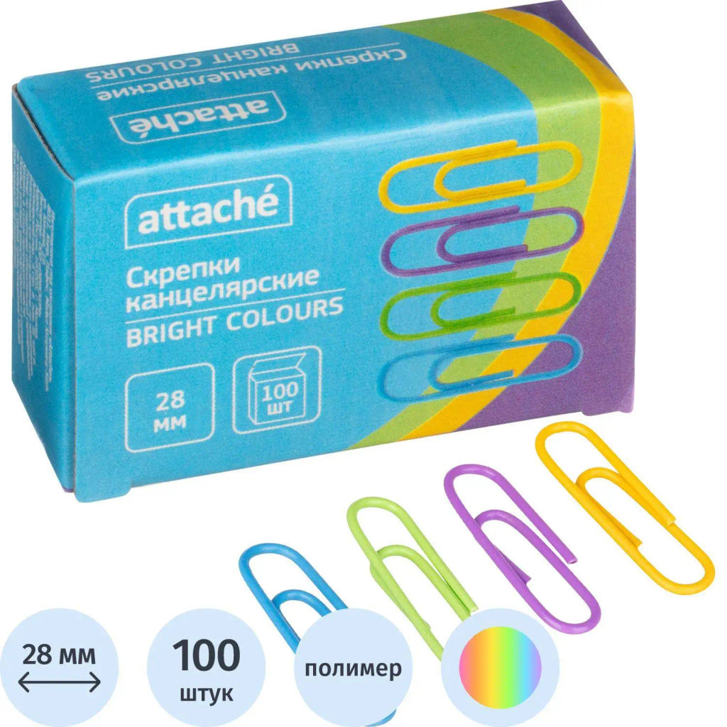 Скрепки Attache Bright Colours с полимерн.покрыт,28мм,разноцветн,100 шт/уп  фото 2