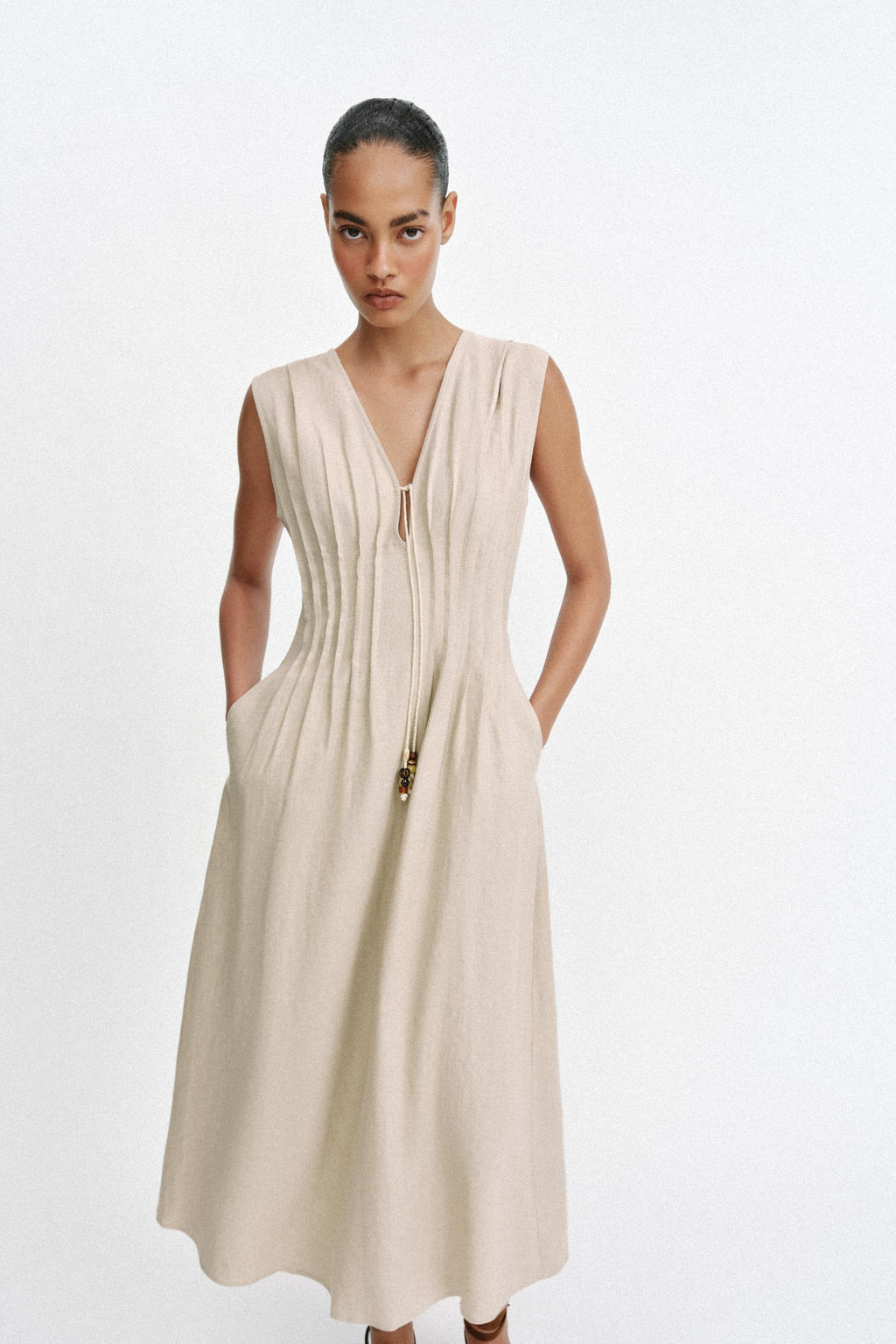 VESTIDO MIDI JARETAS CON LINO / Beige claro - Zara фото 2
