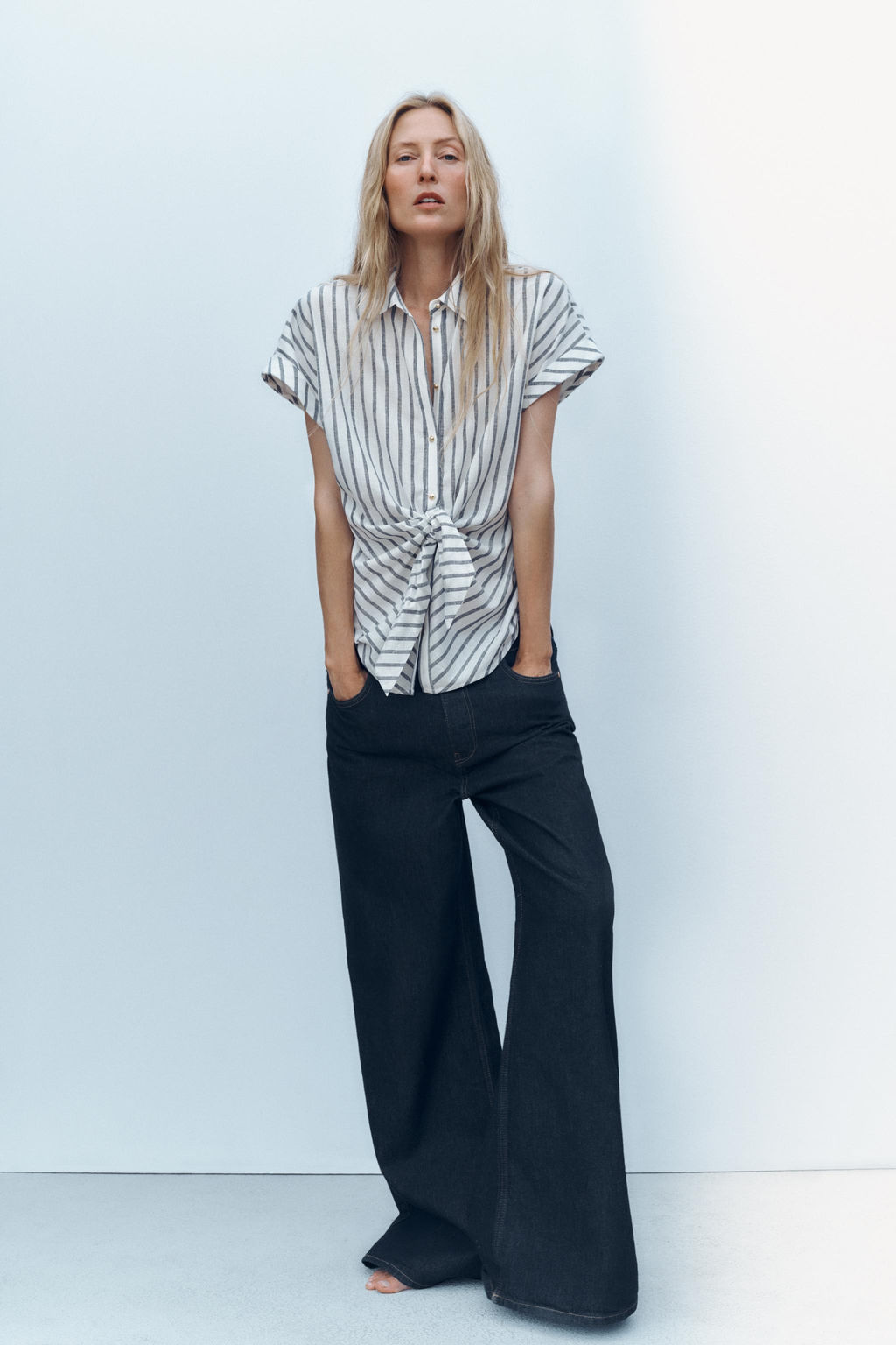 STRIPED KNOTTED LINEN BLEND SHIRT - Zara фото 9