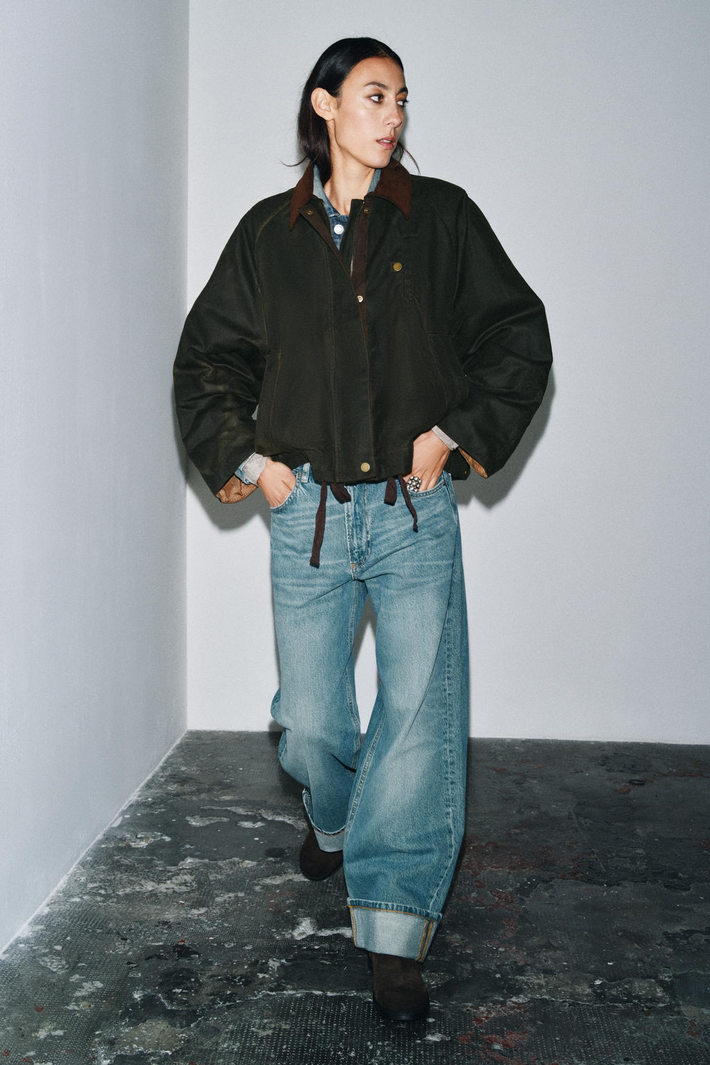 ZW COLLECTION CONTRAST COLLAR WAXED JACKET - Zara фото 7
