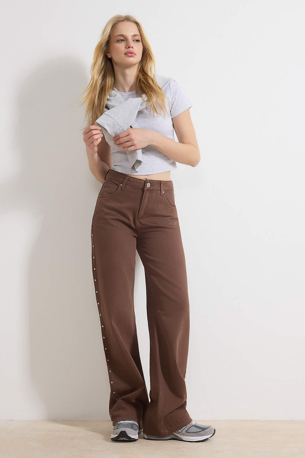 Kahverengi D_K_ML_ Trok Detayl_ Y_ksek Bel %100 Pamuk Wide Leg Jeans TWOSS26JE00065 - Trendyolmilla фото 3