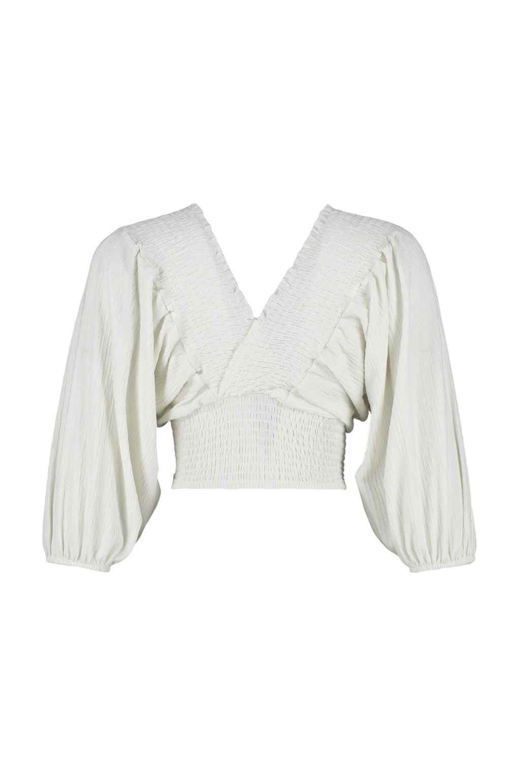 Trendyolmilla Ekru Gipeli Balon Kol V Yaka Burumcuk/Dokulu Crop Orme Bluz TWOSS23BZ00840