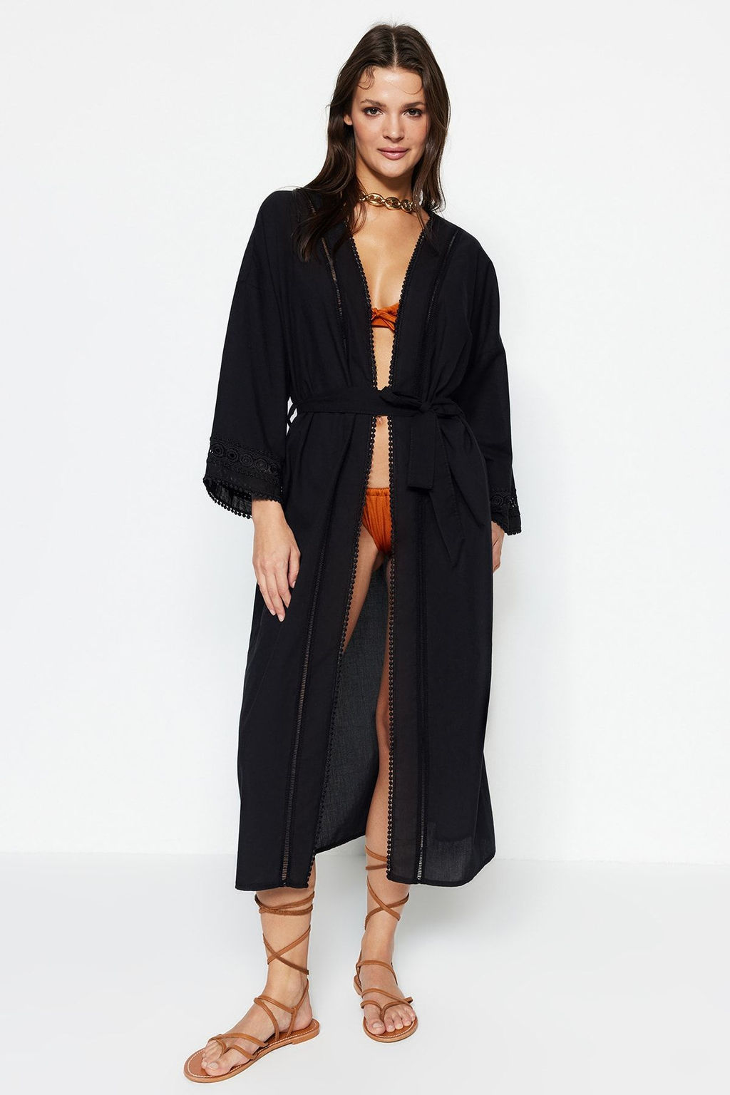 Ekru Kusakl? Dokuma Serit Aksesuarl? Midi Plaj Kimono&Kaftan TBESS21KM0008 - Trendyolmilla фото 11