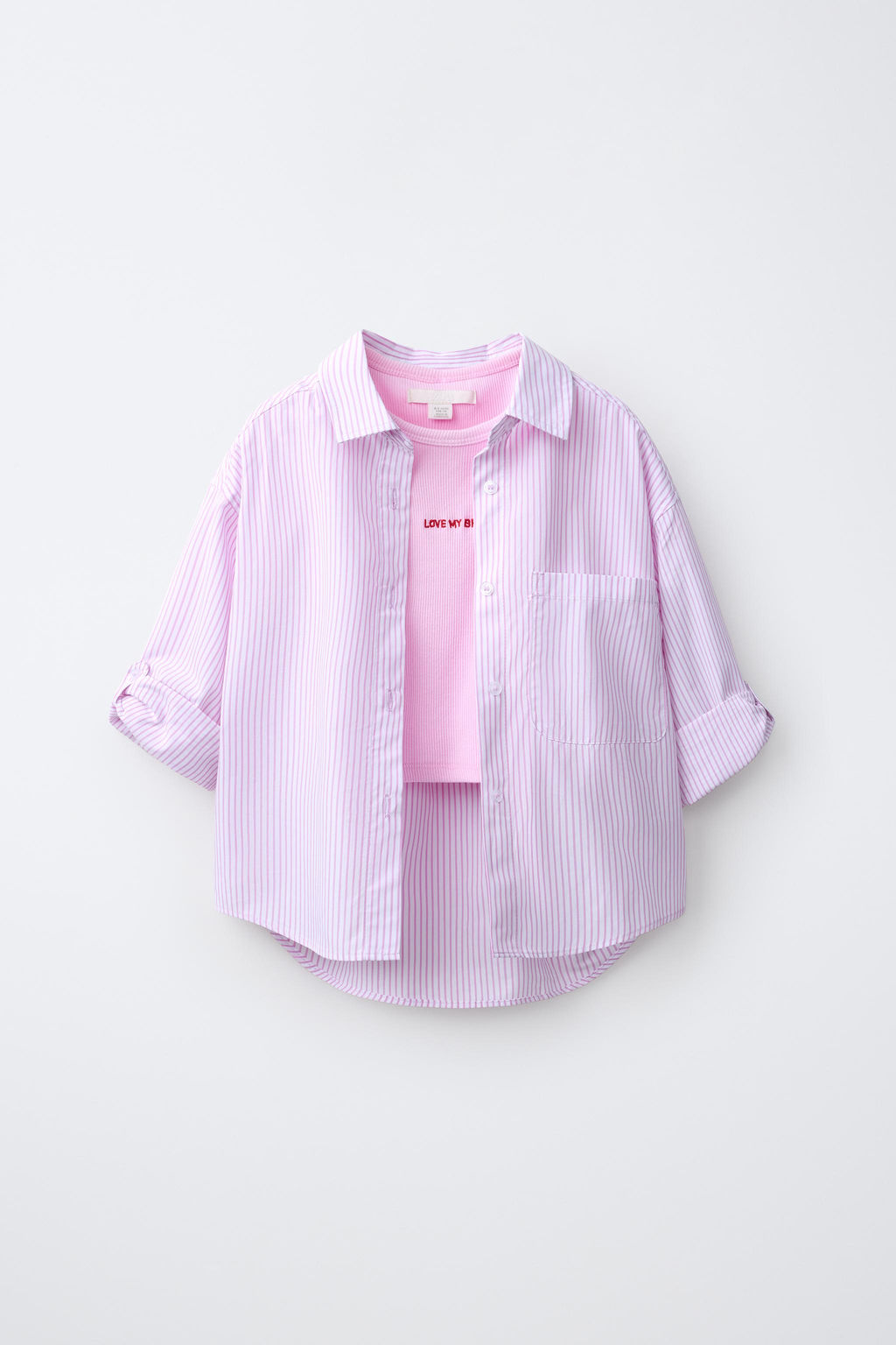 PACK CAMISA RAYAS Y CAMISETA RIB BORDADA / Rosa