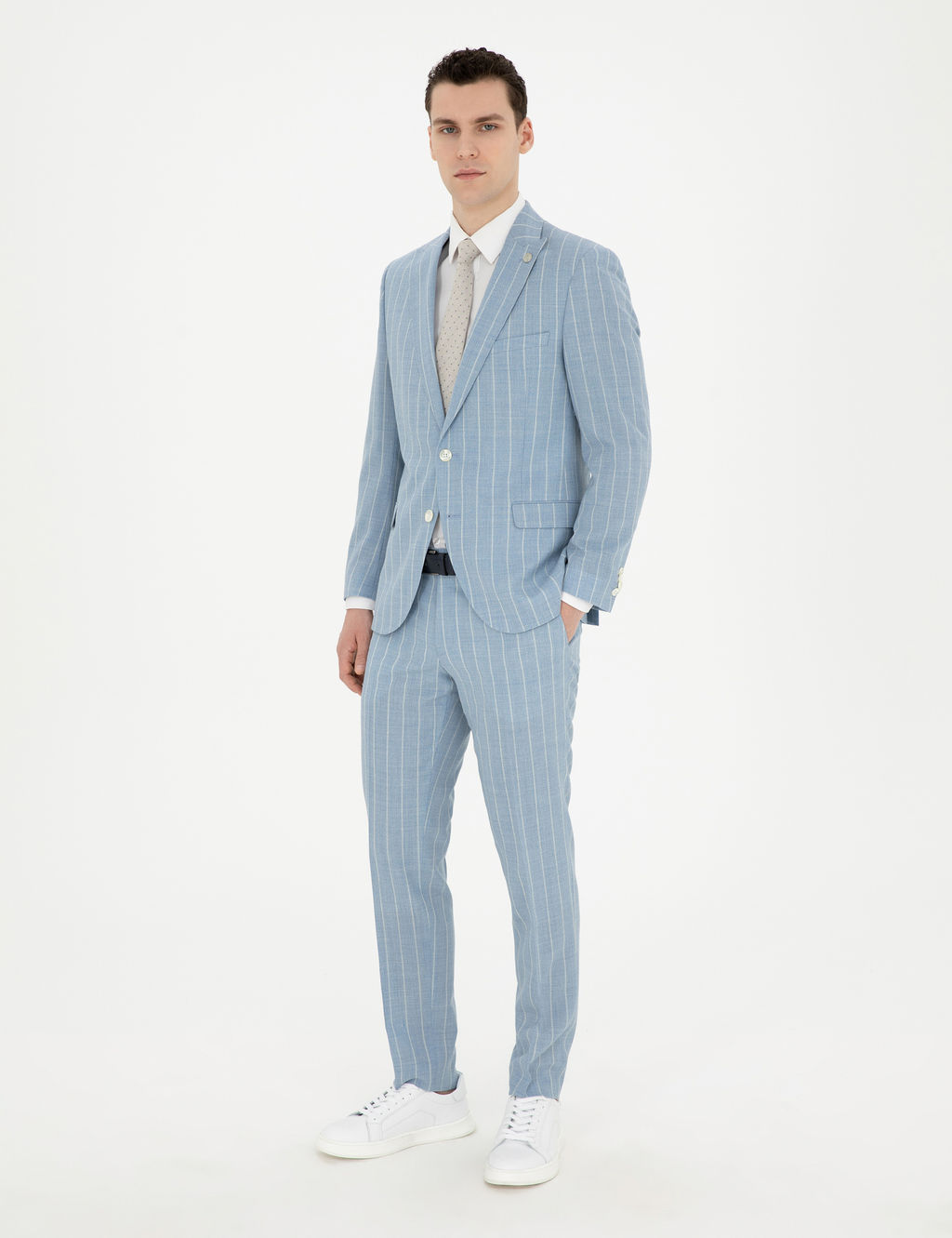 A__k Mavi Ekstra Slim Fit _izgili Y_n Tak_m Elbise