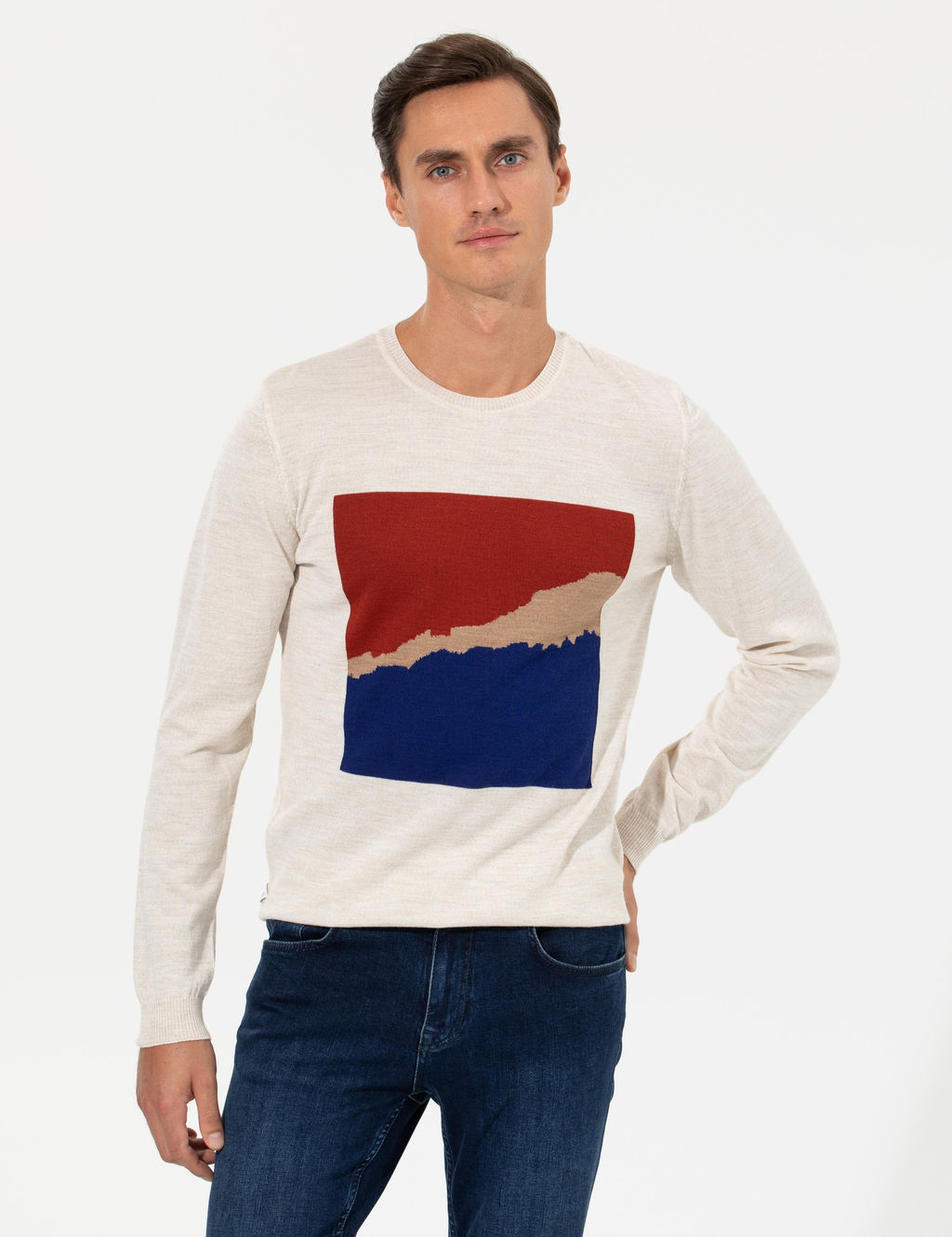 Ekru Slim Fit Bisiklet Yaka Triko Kazak