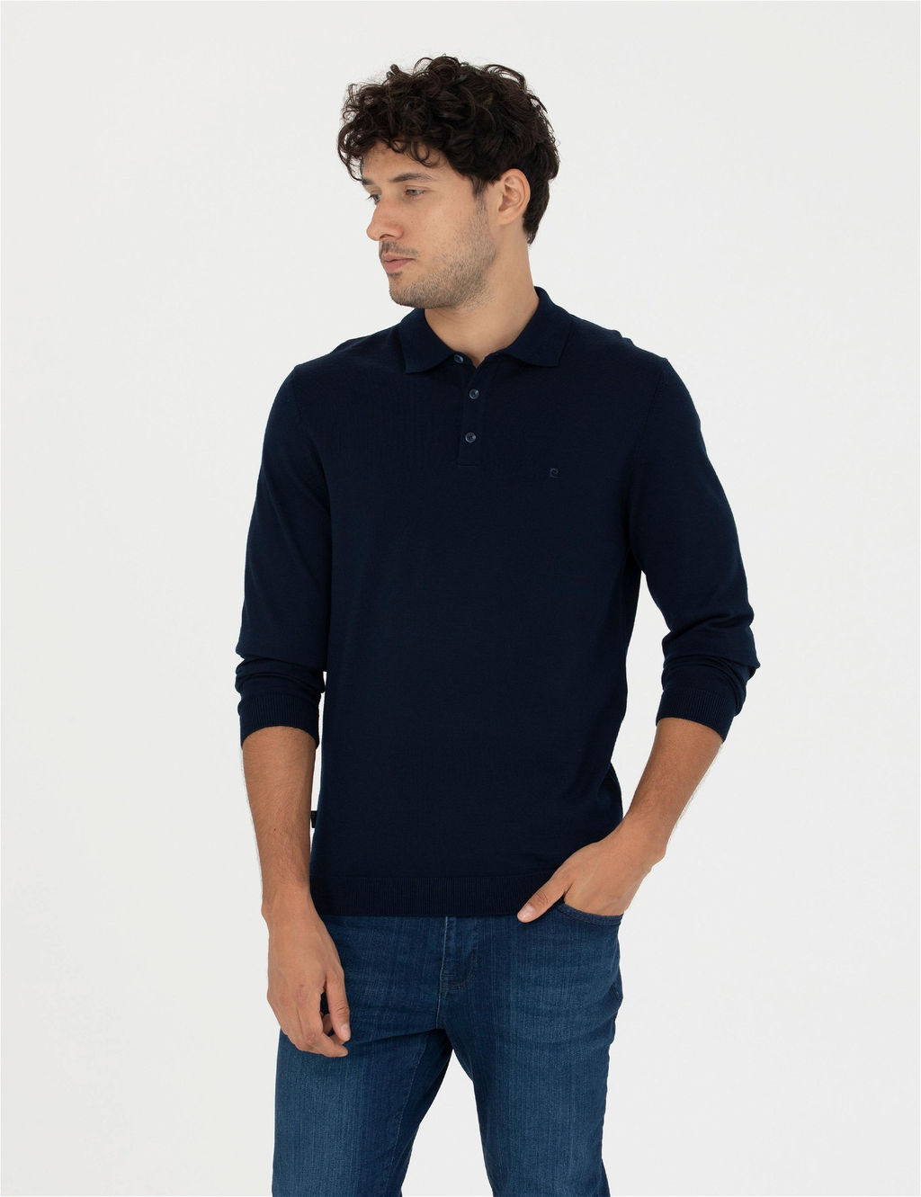 Lacivert Regular Fit Polo Yaka Y_n Kar___ml_ Basic Triko Kazak
