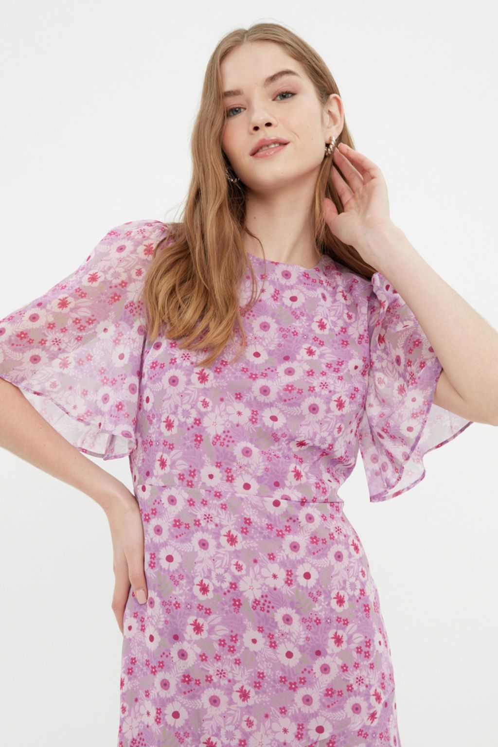 Lila Cicek Desenli A Kesim Astarl? Midi Dokuma Elbise TWOSS20EL0908