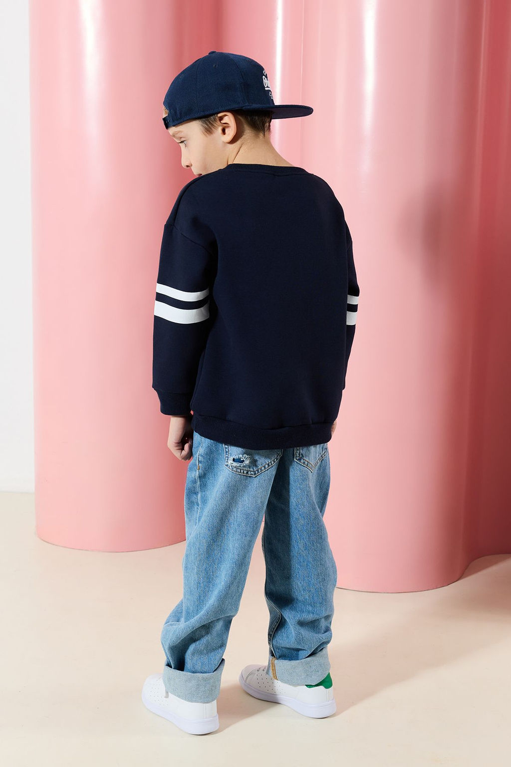 Lacivert*001 Erkek Cocuk Bask?l? Okul Pamuklu Orme Sweatshirt TKDAW25SW00014