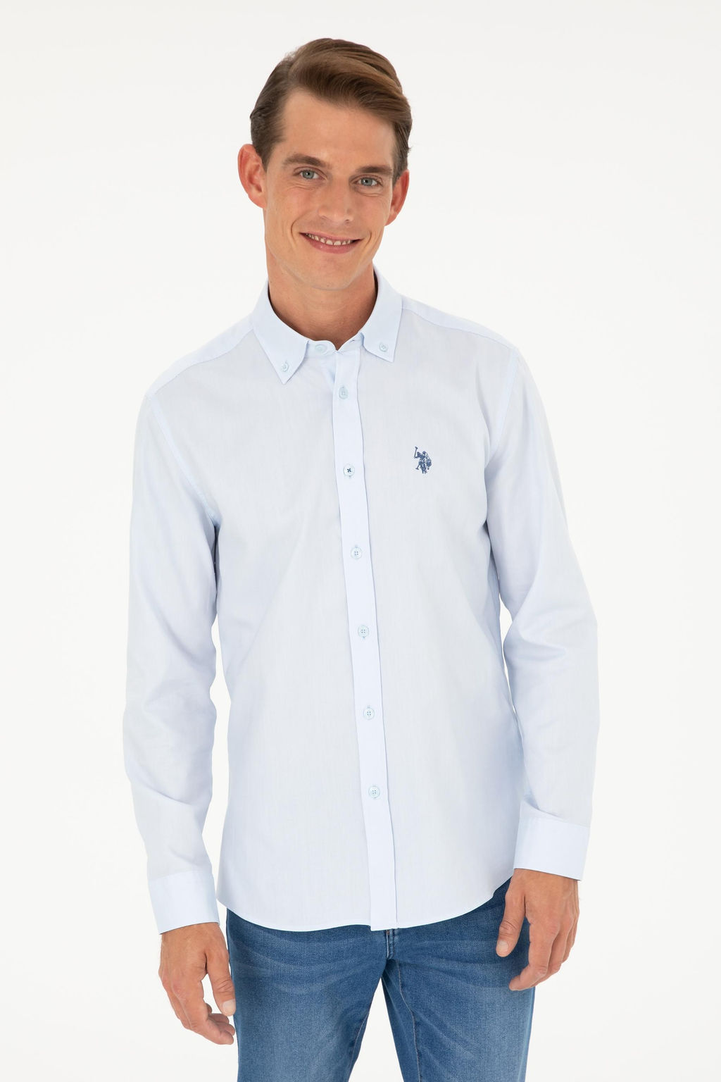 U. S. Polo Assn / Мужская голубая базовая рубашка с длинным рукавом