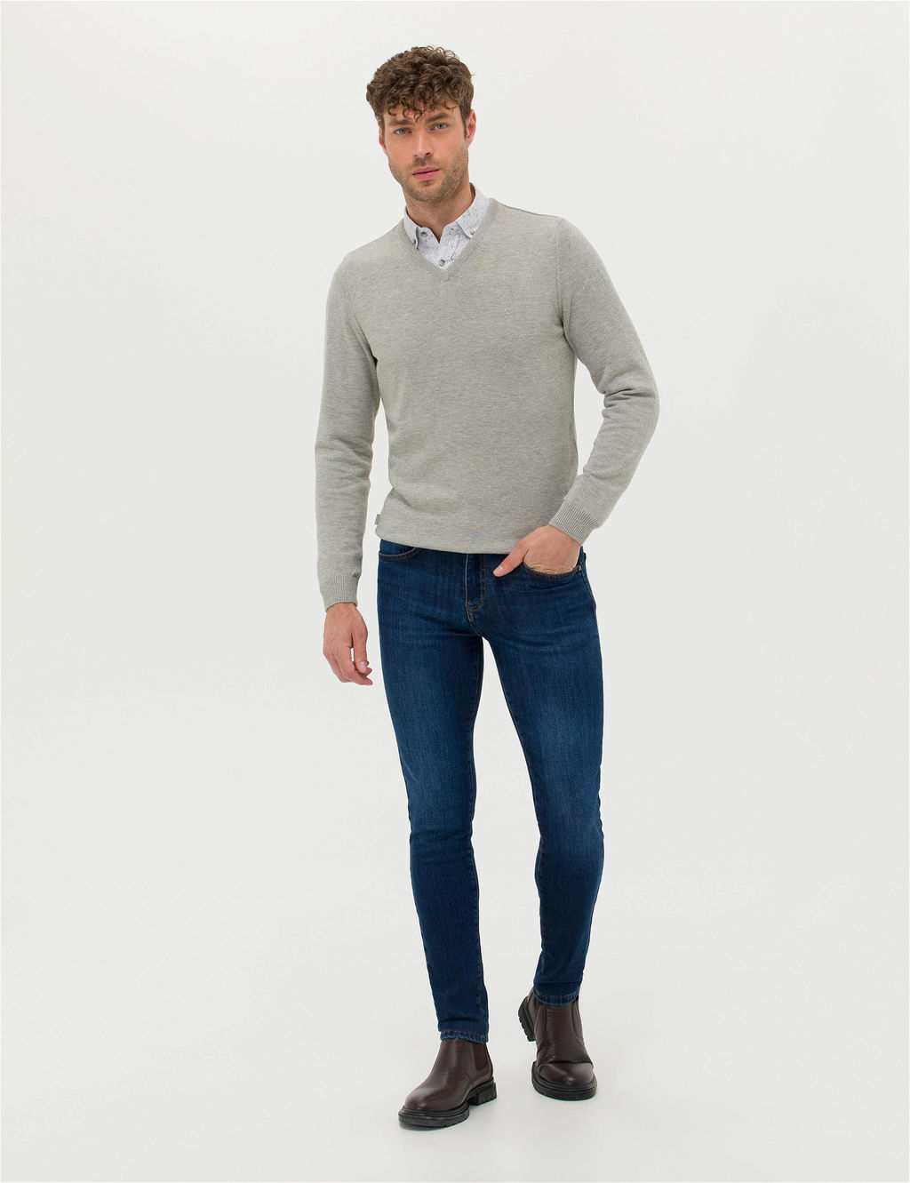A__k Gri Melanj Slim Fit V Yaka Basic Triko Kazak - Pierre cardin фото 4
