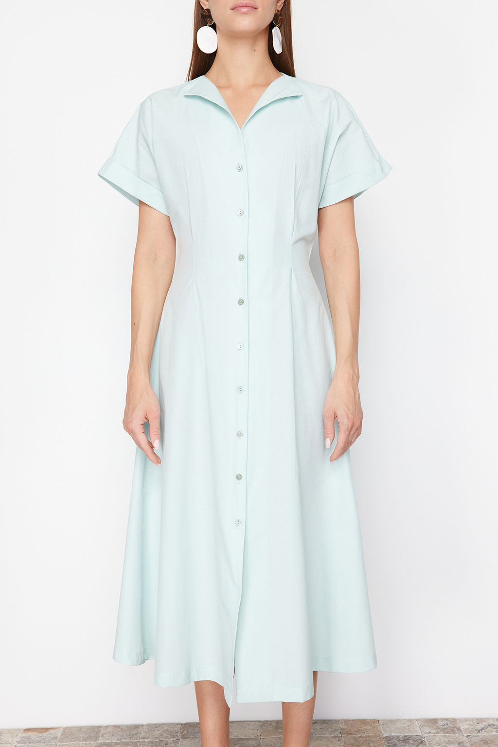 TRENDYOLMILLA Siyah Belden Ac?lan Midi Dokuma Gomlek Elbise TWOSS24EL00052  фото 9