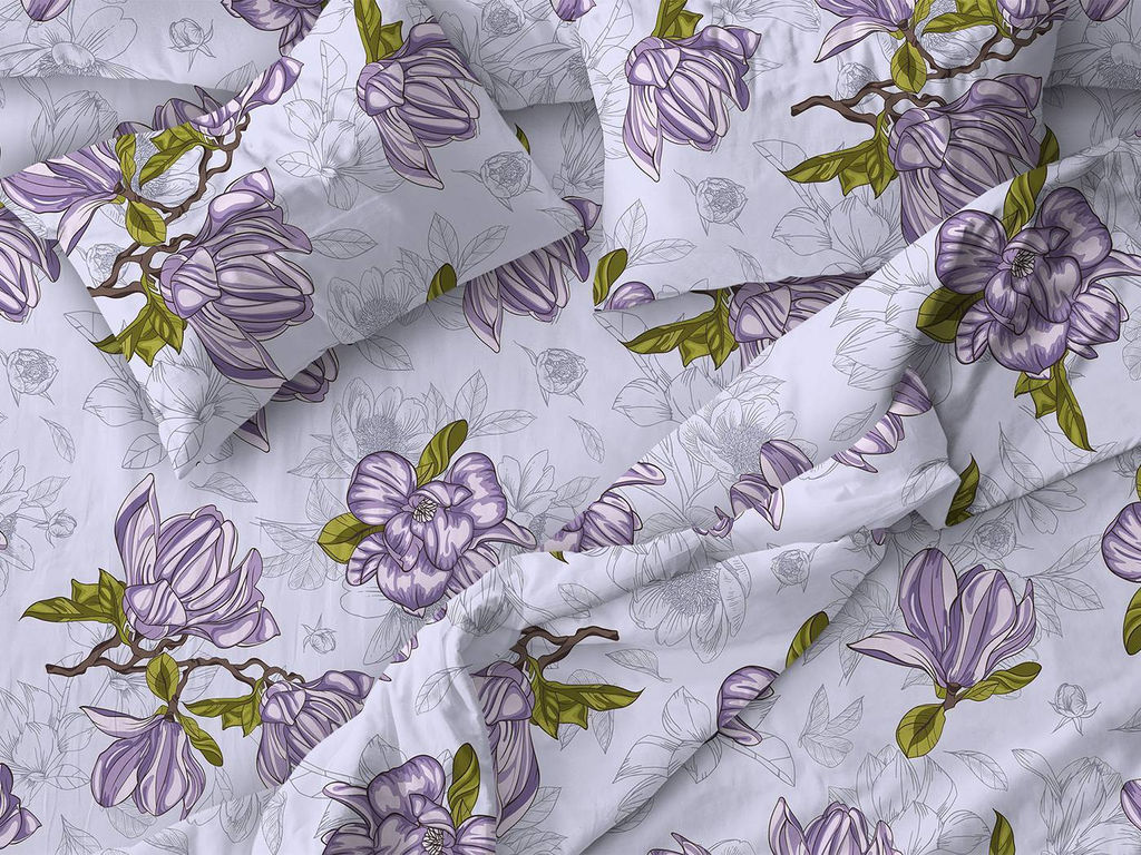 Простыня на резинке 200*200 см, поплин, борт 25 см (Магнолии, лавандовый) - Ивановотекстиль фото 4