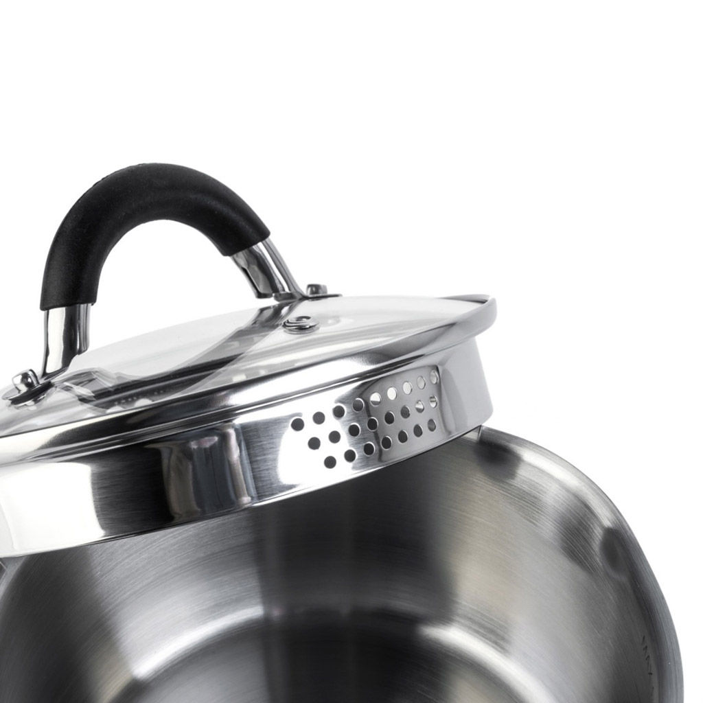 Ковш из нержавеющей стали Телфорд 1,5л, д16см, h8см, s0,6мм, дно s2,8мм, стеклянная жаропрочная крышка, широкий металлический ободок с отверстиями для слива жидкости, пароотвод, ручки из нержавеющей стали с силиконовыми вставками, капсулированное д - Домашняя мода фото 4