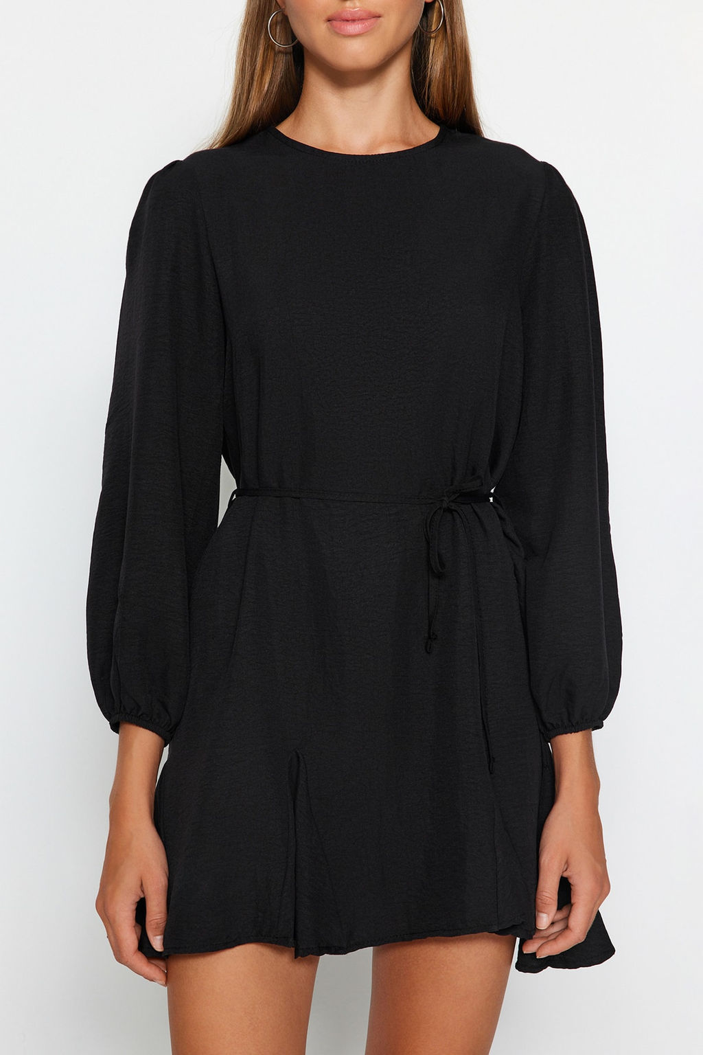 Siyah Kusakl? Duz Kesim Bisiklet Yaka Mini Dokuma Elbise TWOAW24EL00337