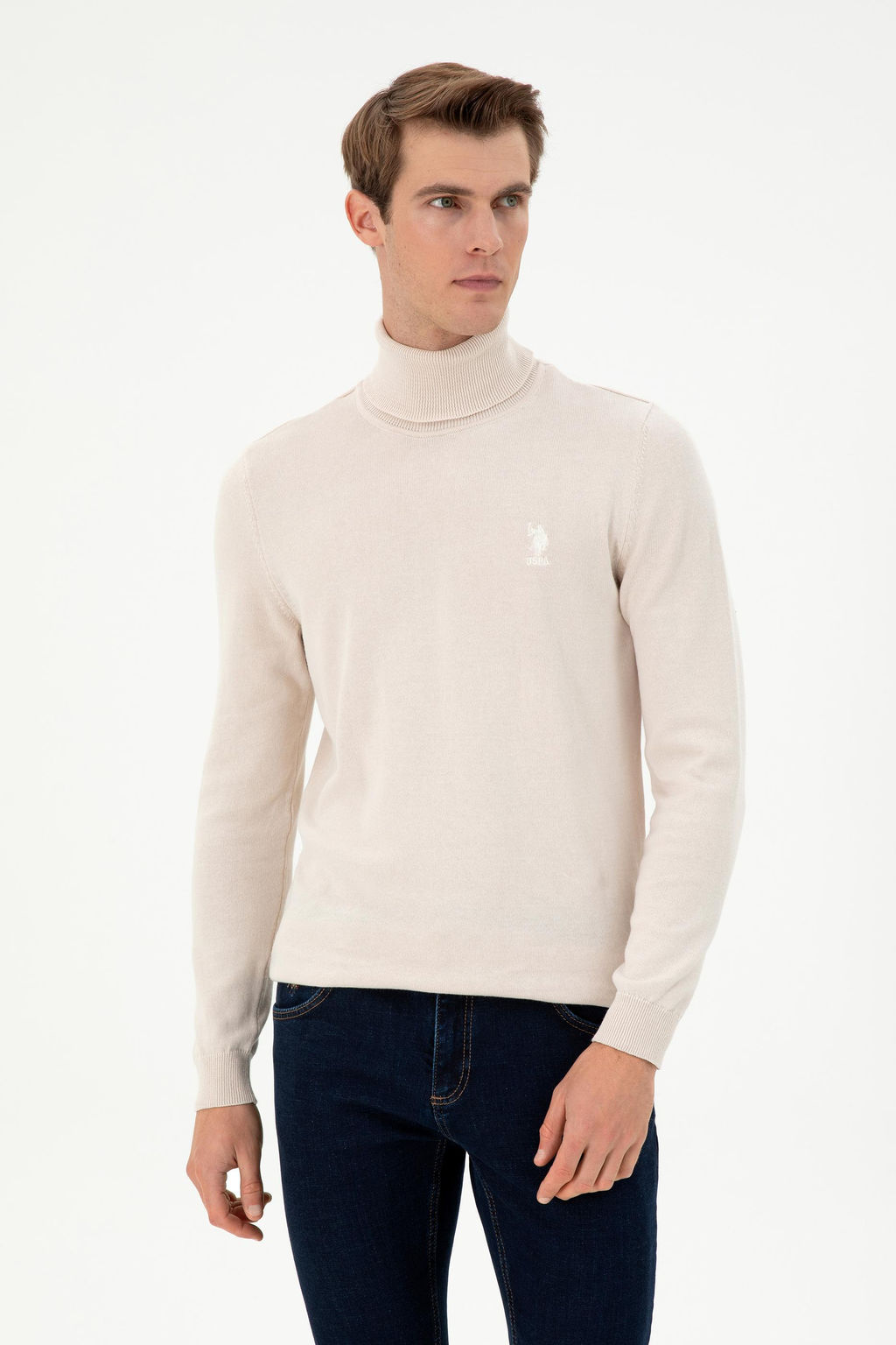 Erkek Slim Fit Bo_azl_ Yaka Krem Melanj Basic Kazak