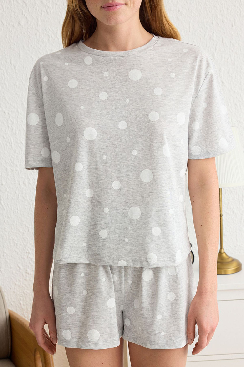 Trendyolmilla Gri Melanj Pamuklu Puantiyeli Sortlu Orme Pijama Tak?m? THMSS25PT00144 фото 4