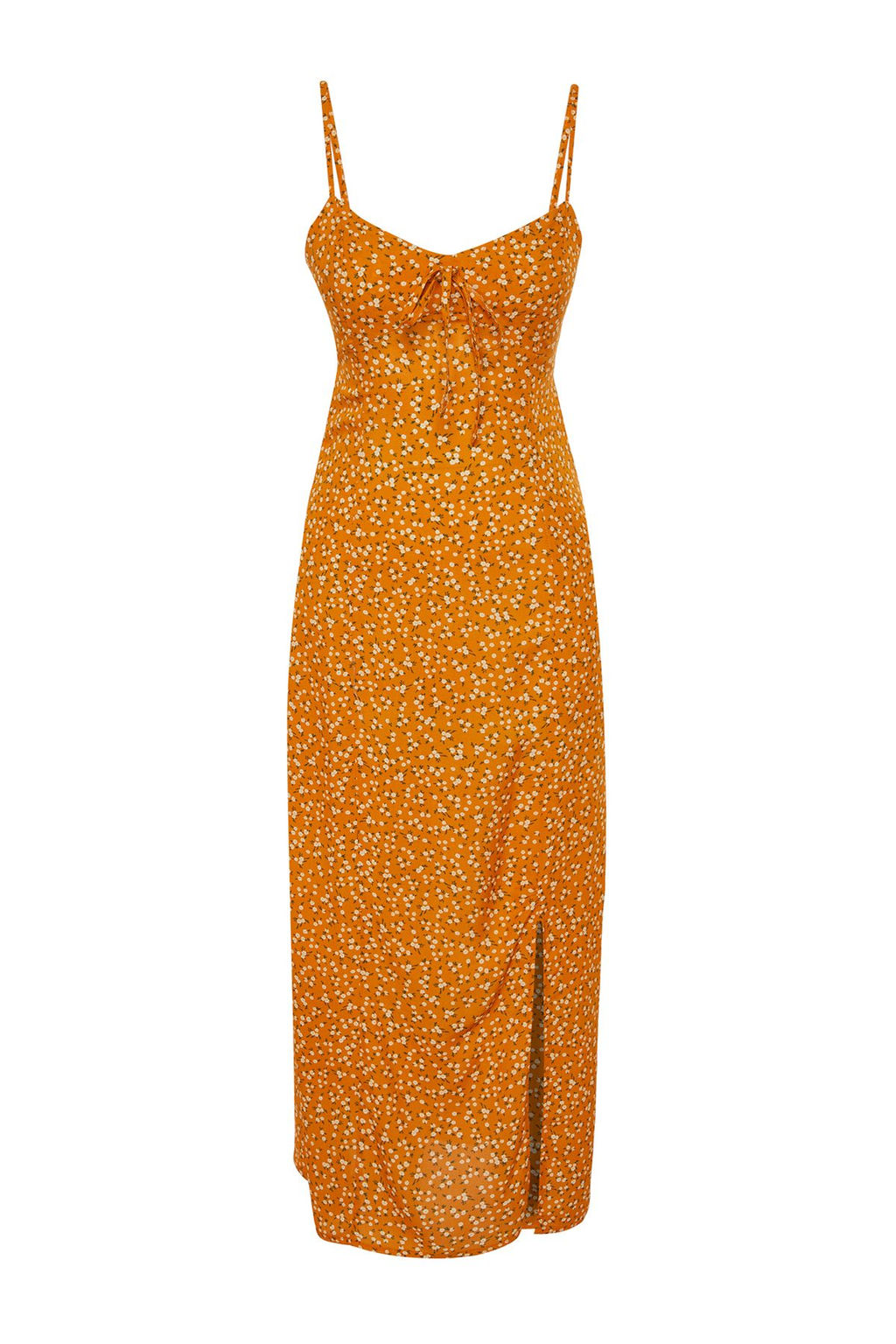 Turuncu Cicek Desenli Duz Kesim Y?rtmac Detayl? Viskon Midi Dokuma Elbise TWOSS23EL02085