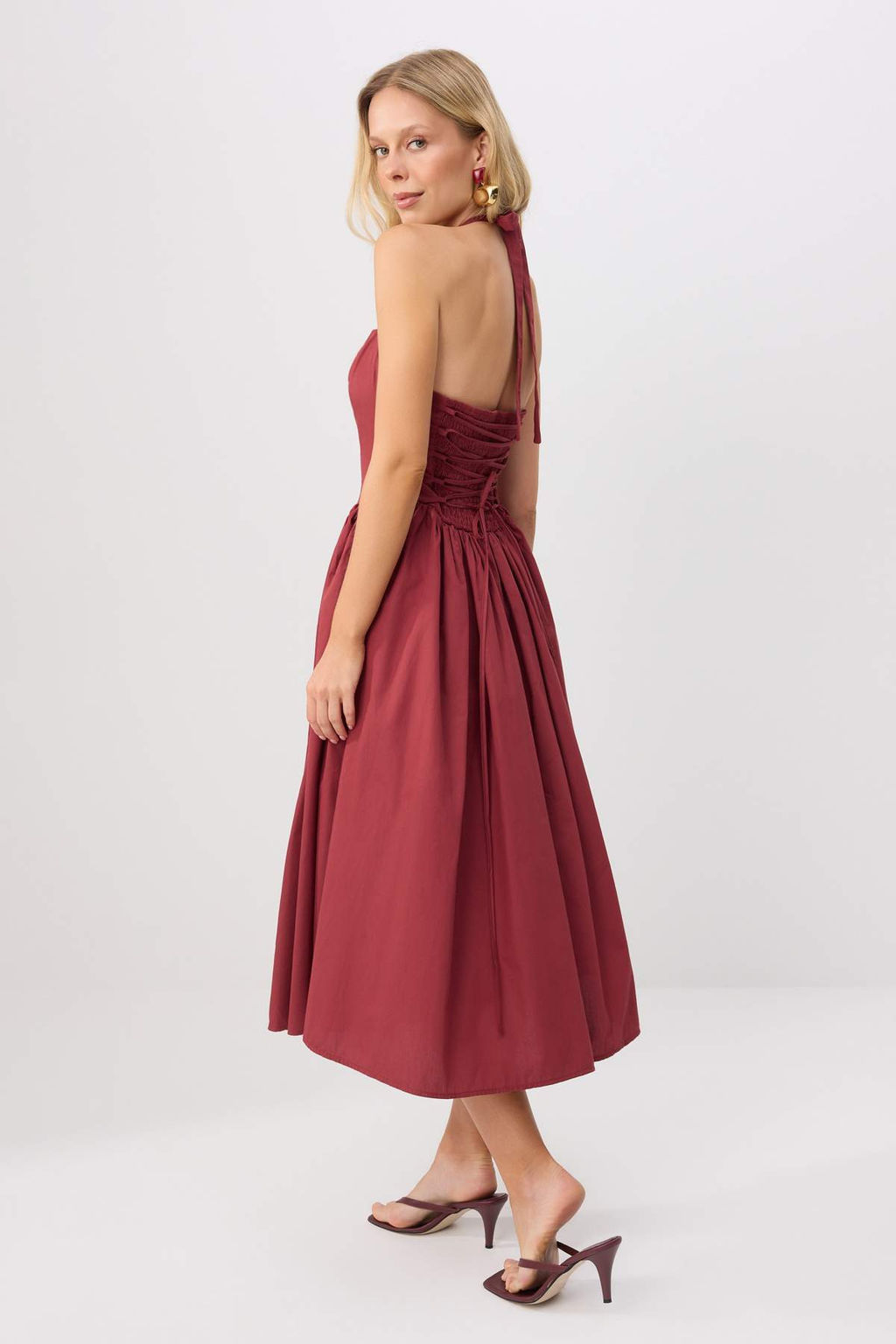 Bordo Boyundan Ba_l_ Poplin Maxi Dokuma Elbise TWOSS25EL00881 - Trendyolmilla фото 3