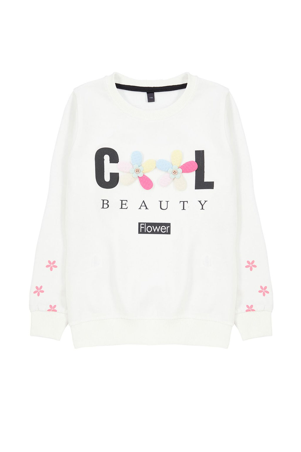 Ekru K?z Cocuk Cicek/Slogan Nak?sl? Bisiklet Yaka Orme Sweatshirt TKDAW25SW00008