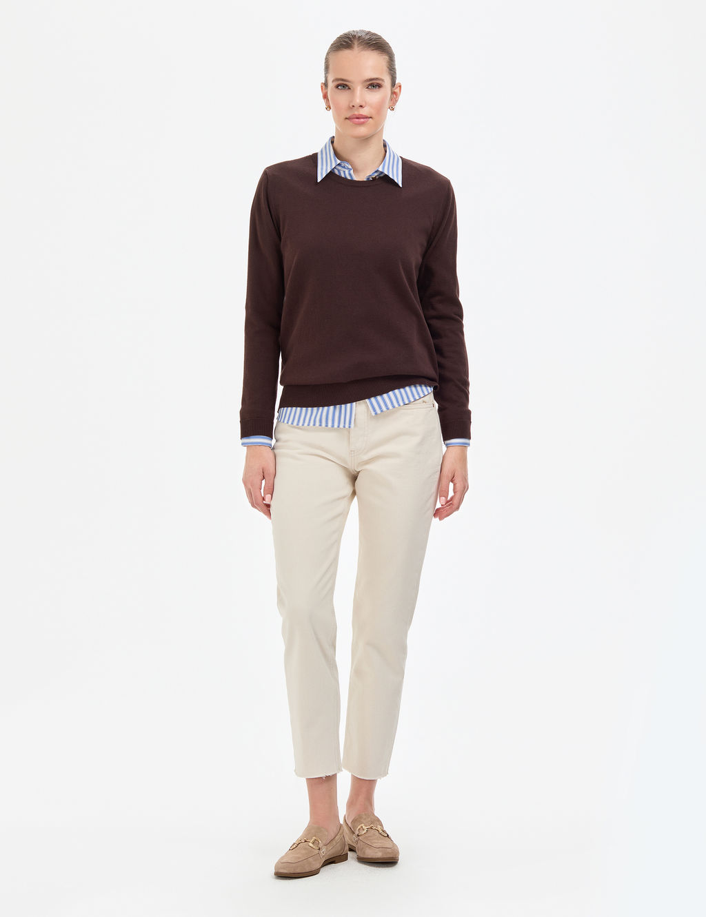 Kahverengi Comfort Fit Bisiklet Yaka Basic Kazak