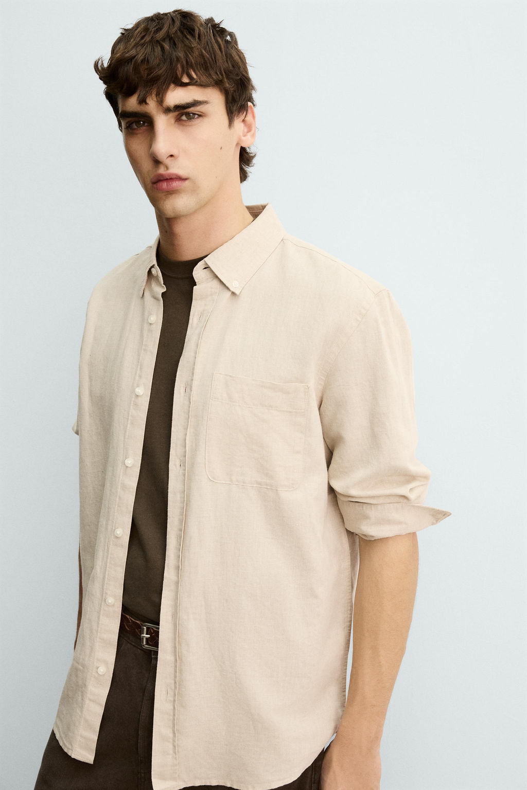 CAMISA REGULAR FIT LINO - ALGOD?N / Beige claro - Zara фото 6